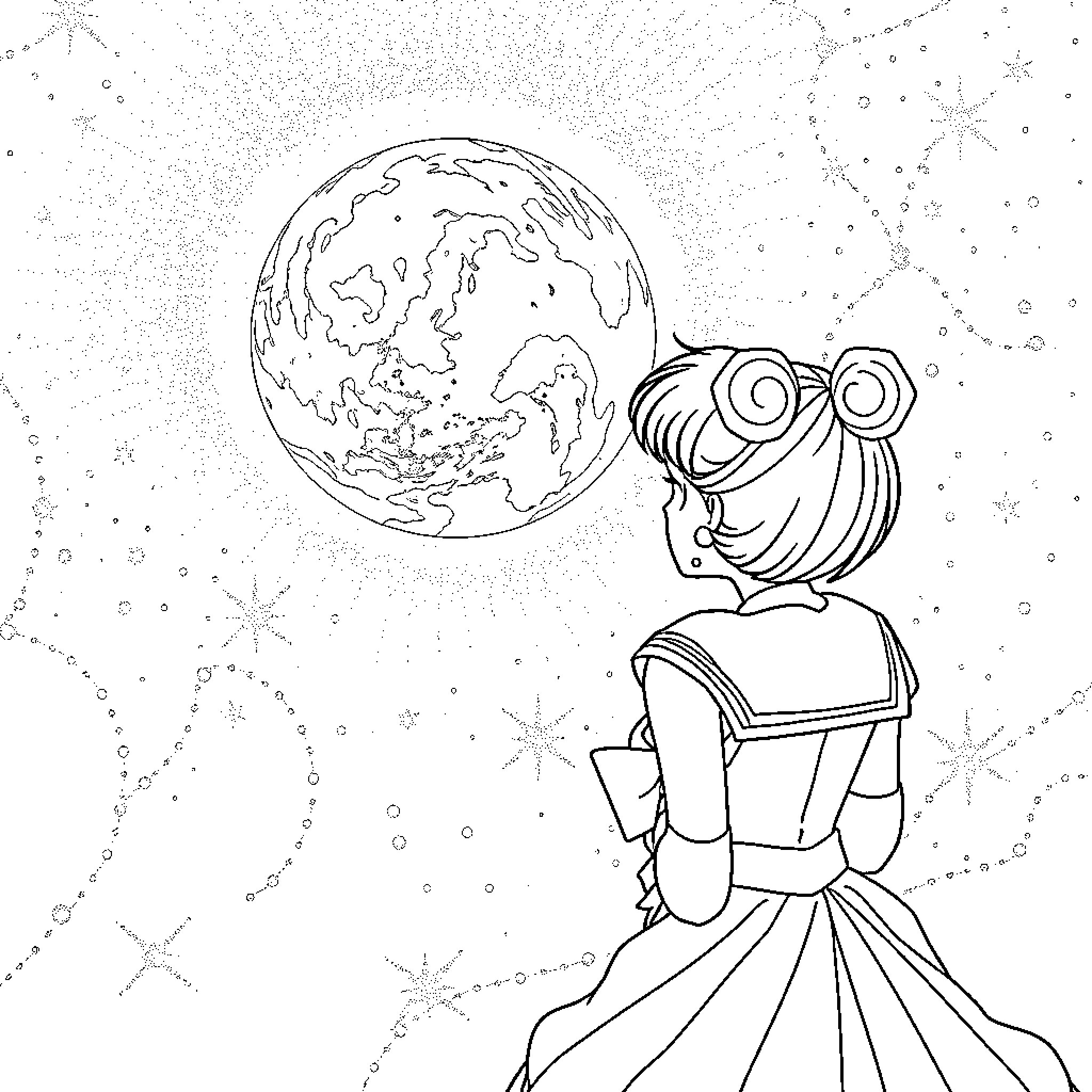 Sailor Moon gazing at the Earth in the night sky Coloring Page (free black-and-white line drawing printable PDF for all, from beginners to advanced learners, including children, teens, adults, and seniors)