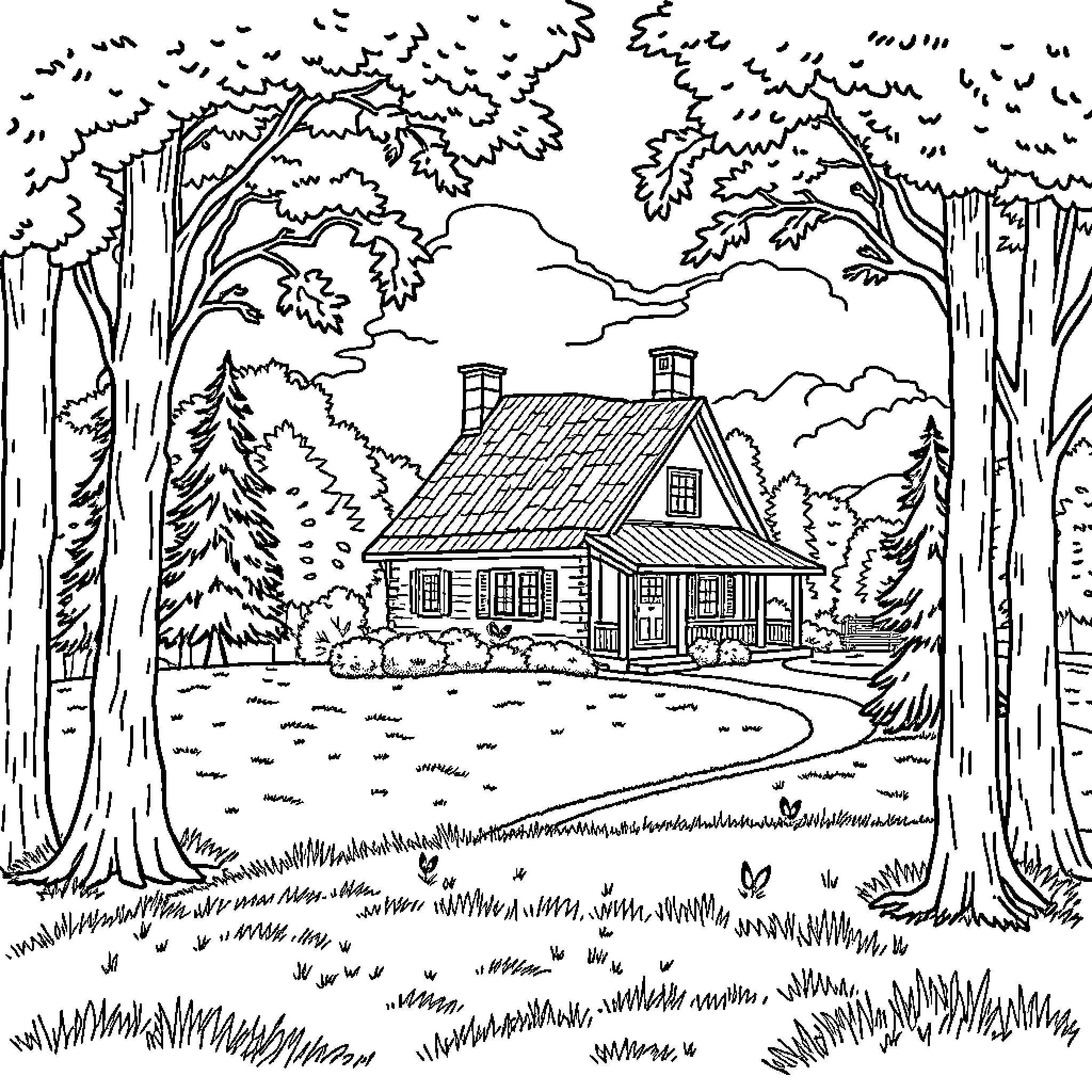 Country House in Peaceful Forest Surroundings Coloring Page (free black-and-white line drawing printable PDF for all, from beginners to advanced learners, including children, teens, adults, and seniors)