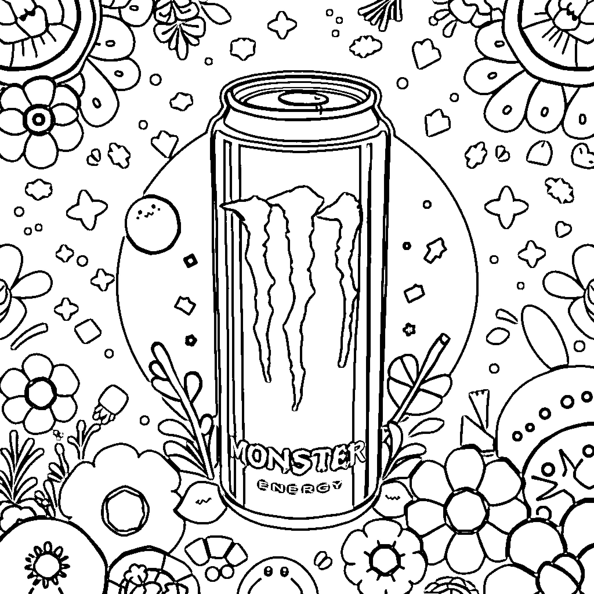 Monster Drink in a Floral Scene Coloring Page (free black-and-white line drawing printable PDF for all, from beginners to advanced learners, including children, teens, adults, and seniors)