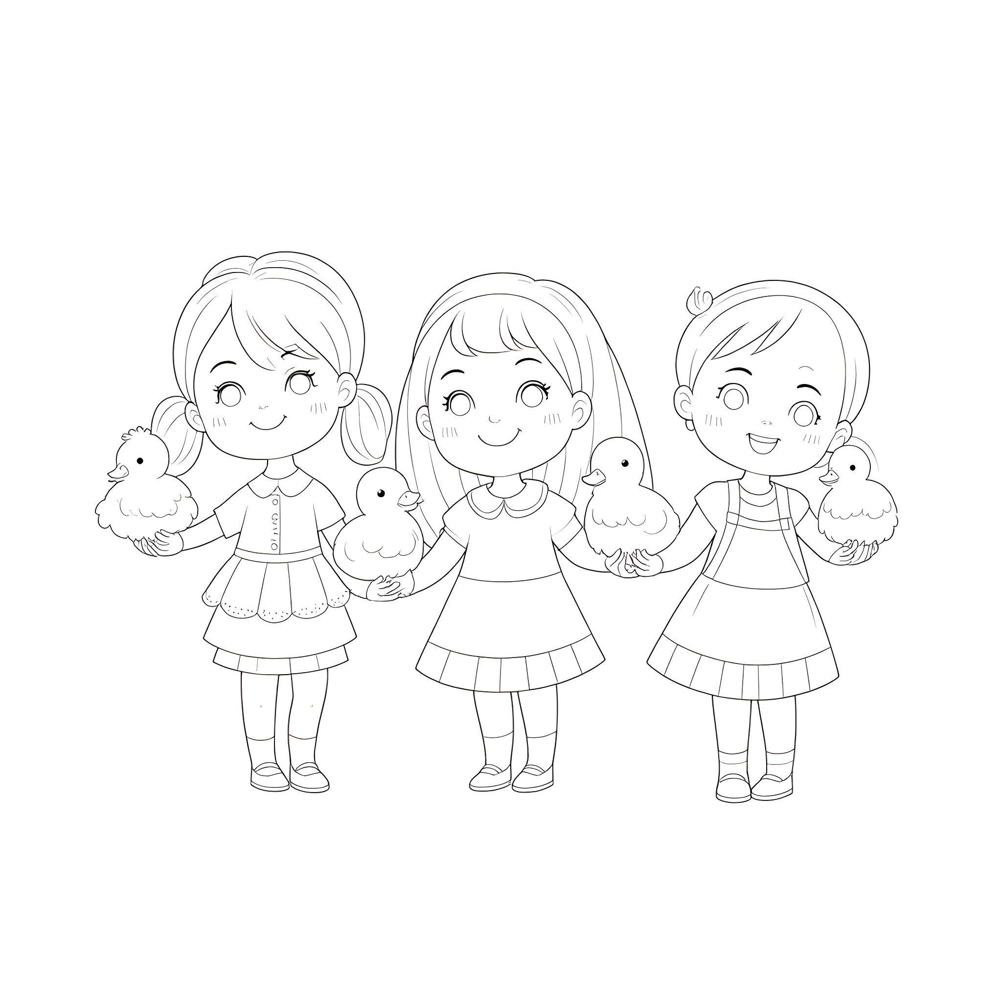 Girls holding adorable baby chicks Coloring Page (free black-and-white line drawing printable PDF for all, from beginners to advanced learners, including children, teens, adults, and seniors)