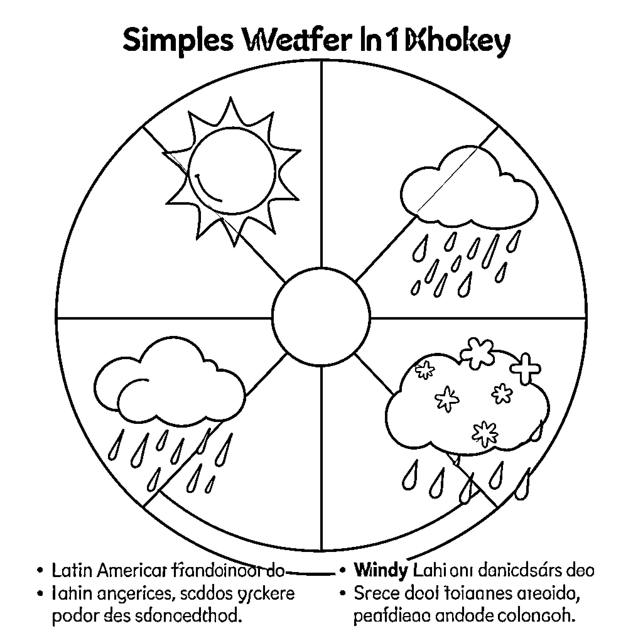 Weather Wheel showing sun, clouds, rain, and snow Coloring Page (free black-and-white line drawing printable PDF for all, from beginners to advanced learners, including children, teens, adults, and seniors)