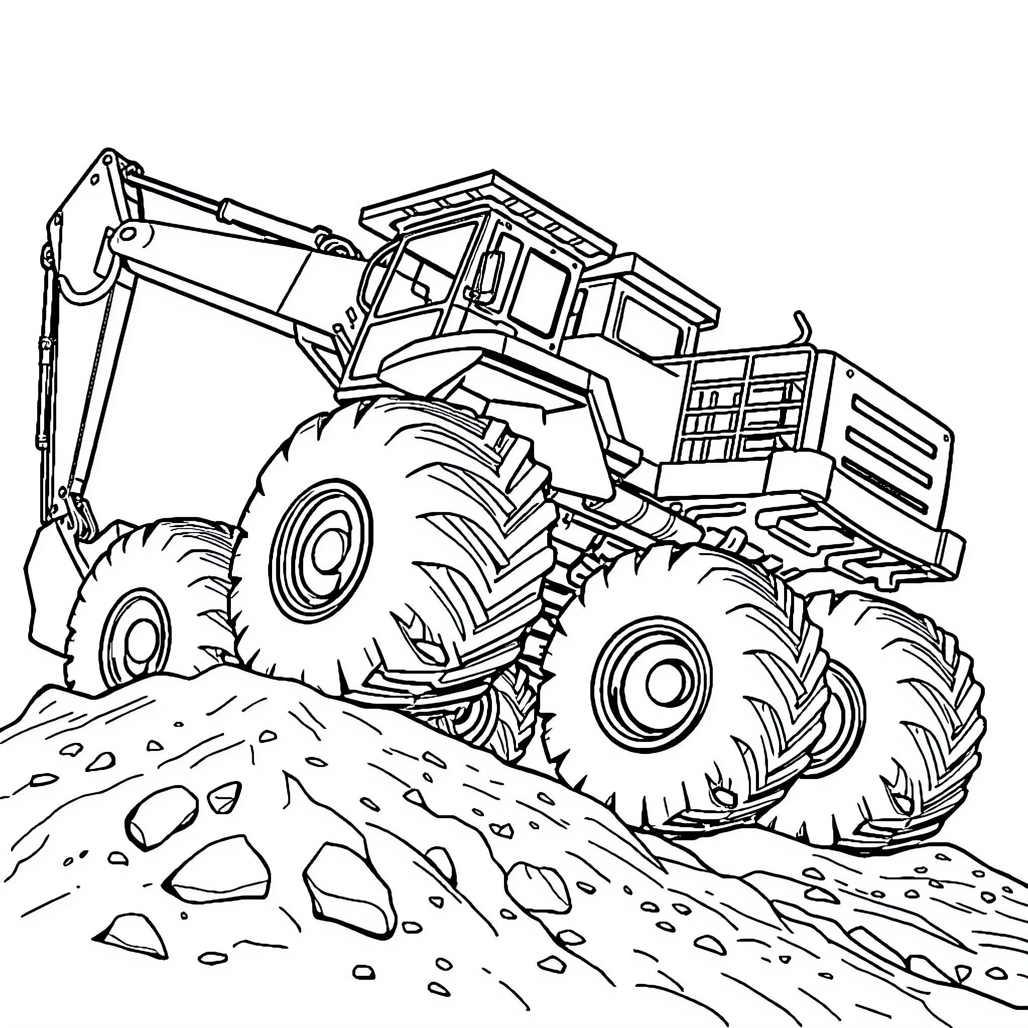 Excavator performing heavy-duty construction work Coloring Page (free black-and-white line drawing printable PDF for all, from beginners to advanced learners, including children, teens, adults, and seniors)