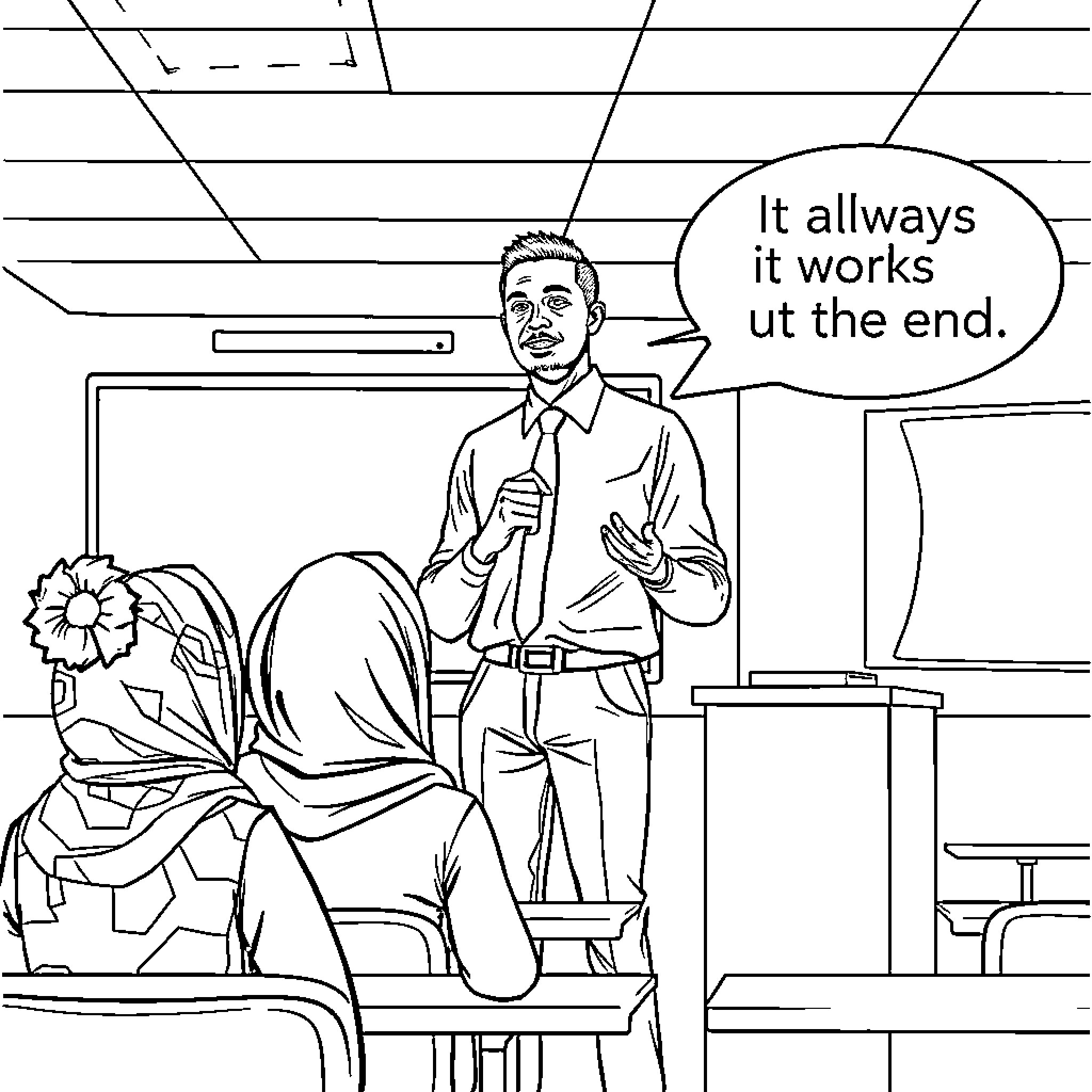 Man speaking confidently in front of distracted woman Coloring Page (free black-and-white line drawing printable PDF for all, from beginners to advanced learners, including children, teens, adults, and seniors)