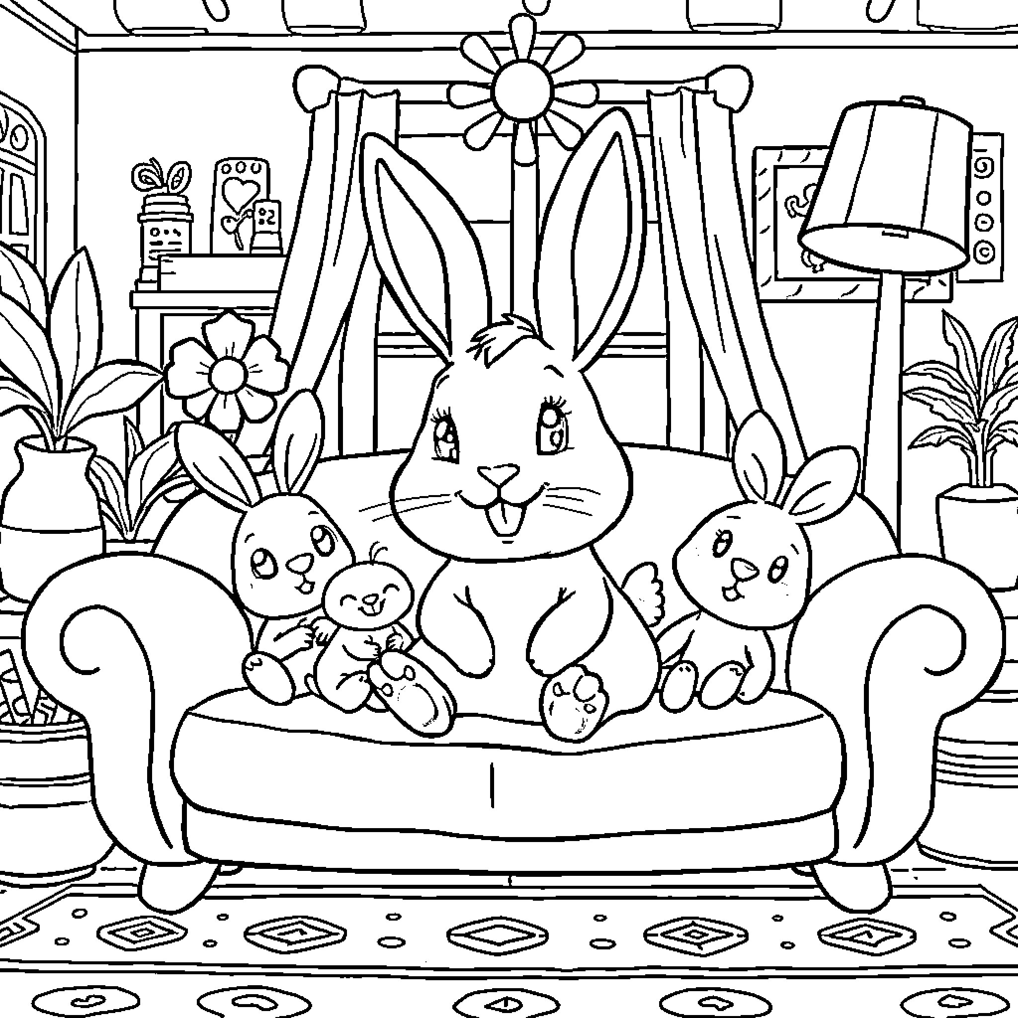 Rabbit family enjoying a cozy home Coloring Page (free black-and-white line drawing printable PDF for all, from beginners to advanced learners, including children, teens, adults, and seniors)