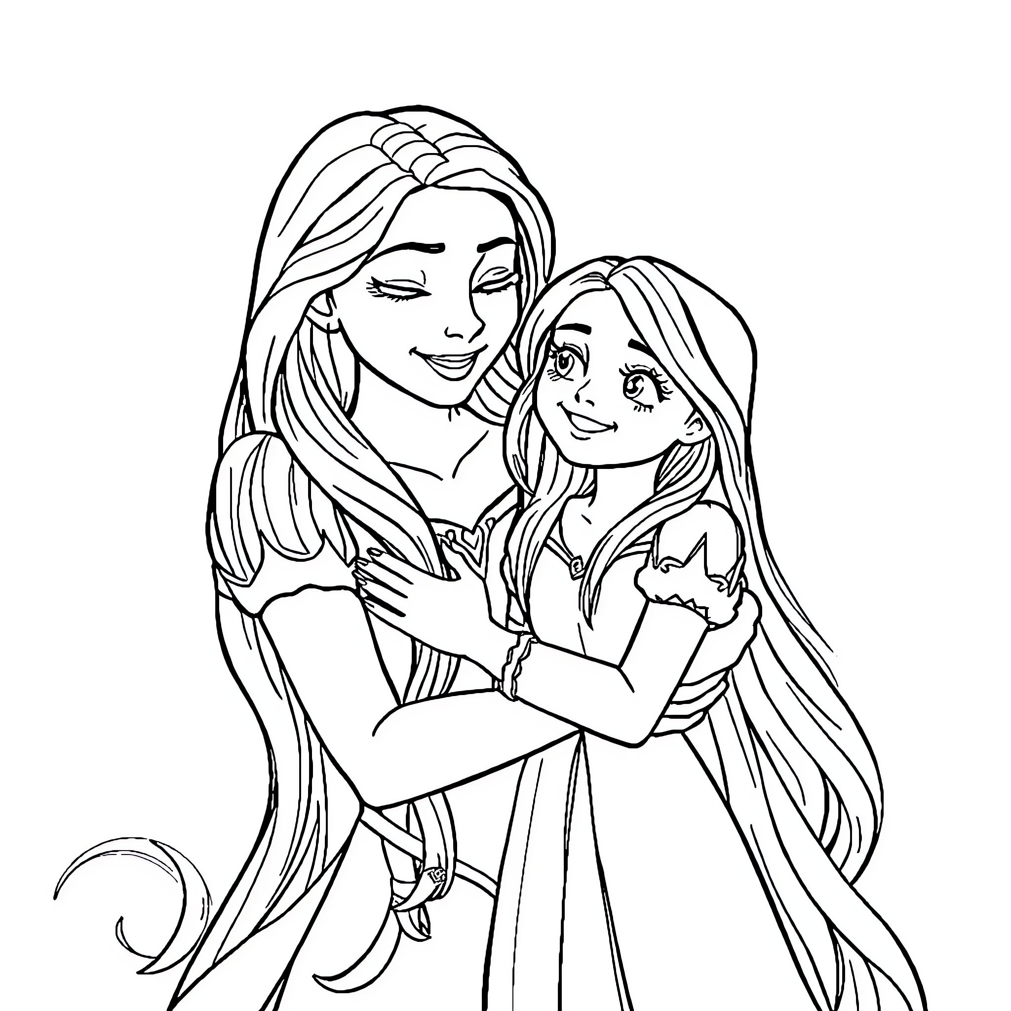 Rapunzel's loving embrace with a friend Coloring Page (free black-and-white line drawing printable PDF for all, from beginners to advanced learners, including children, teens, adults, and seniors)