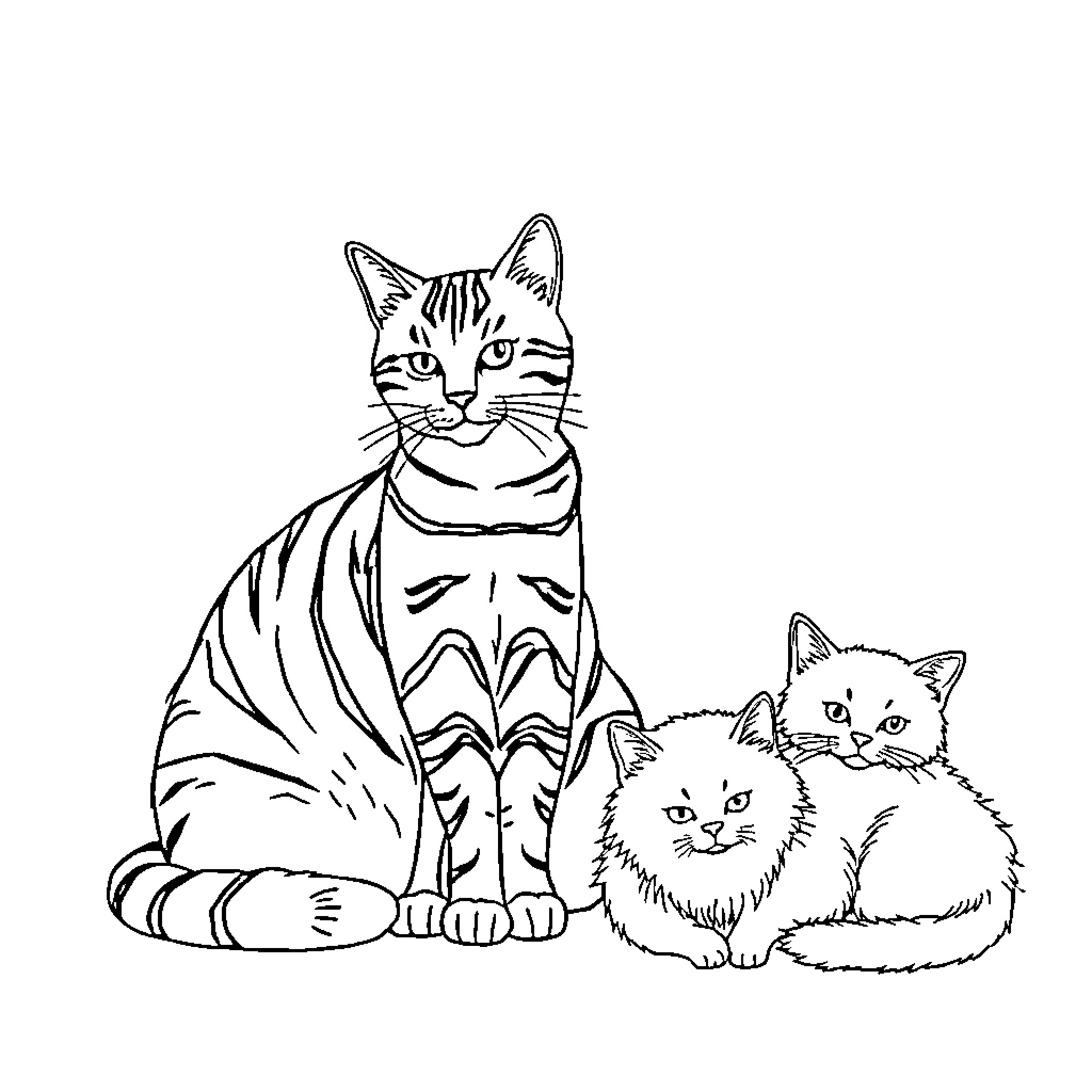 Cat family portrait with kittens Coloring Page (free black-and-white line drawing printable PDF for all, from beginners to advanced learners, including children, teens, adults, and seniors)