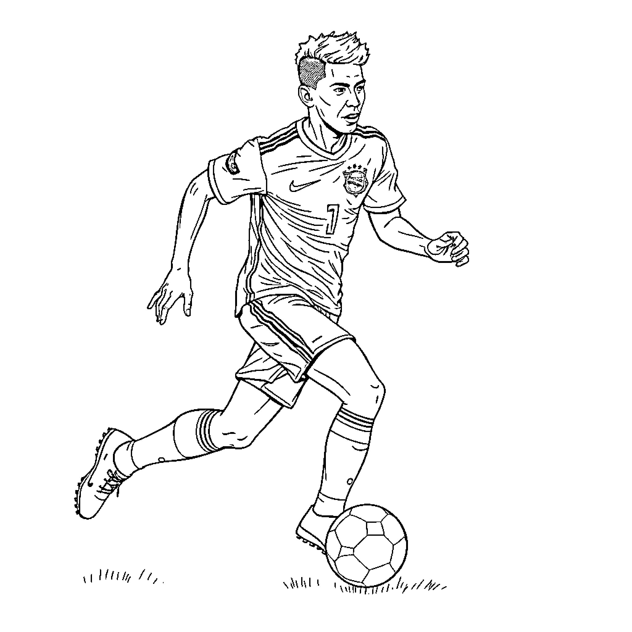 Vinicius Junior playing soccer with determination Coloring Page (free black-and-white line drawing printable PDF for all, from beginners to advanced learners, including children, teens, adults, and seniors)