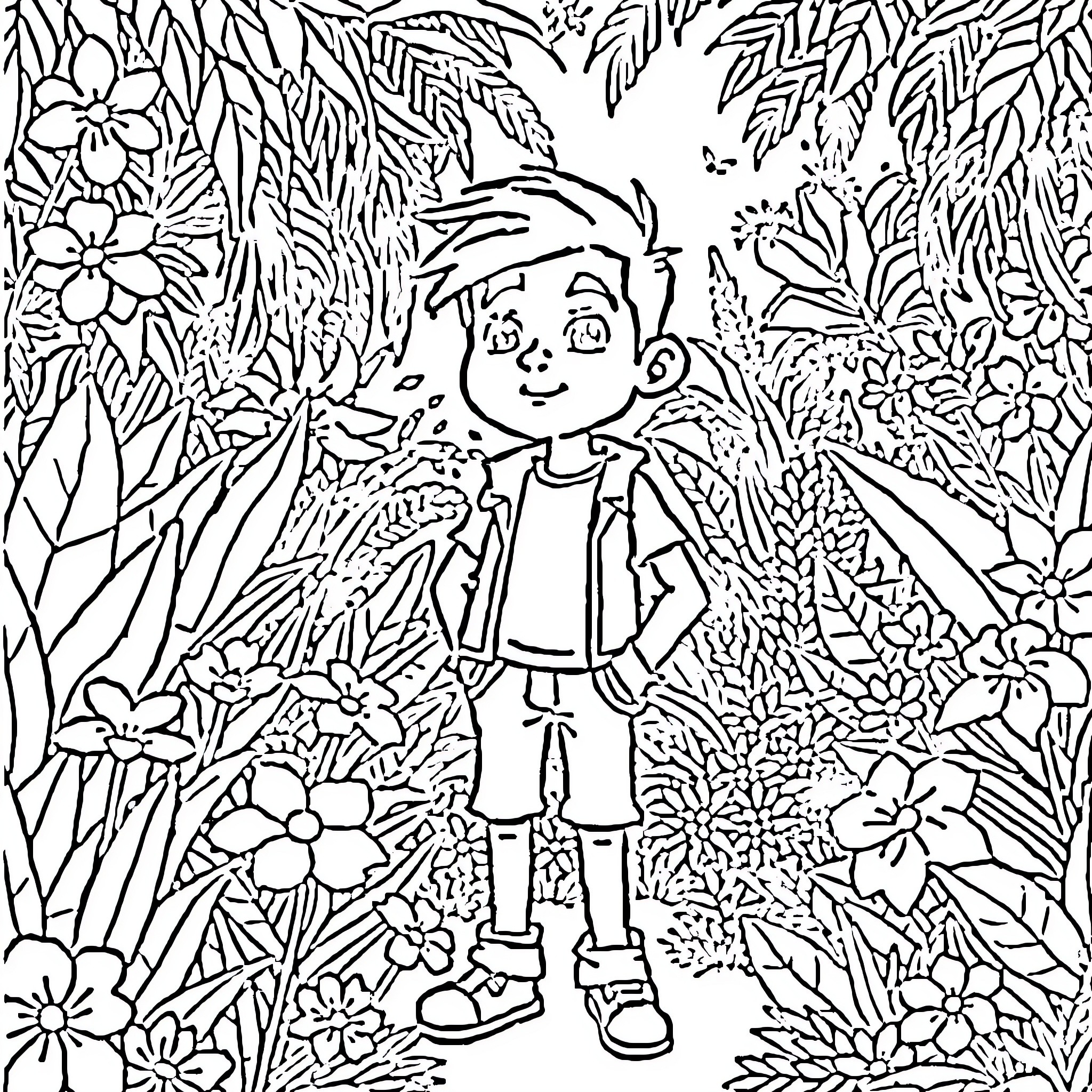 Andreas explores the lush, floral garden Coloring Page (free black-and-white line drawing printable PDF for all, from beginners to advanced learners, including children, teens, adults, and seniors)
