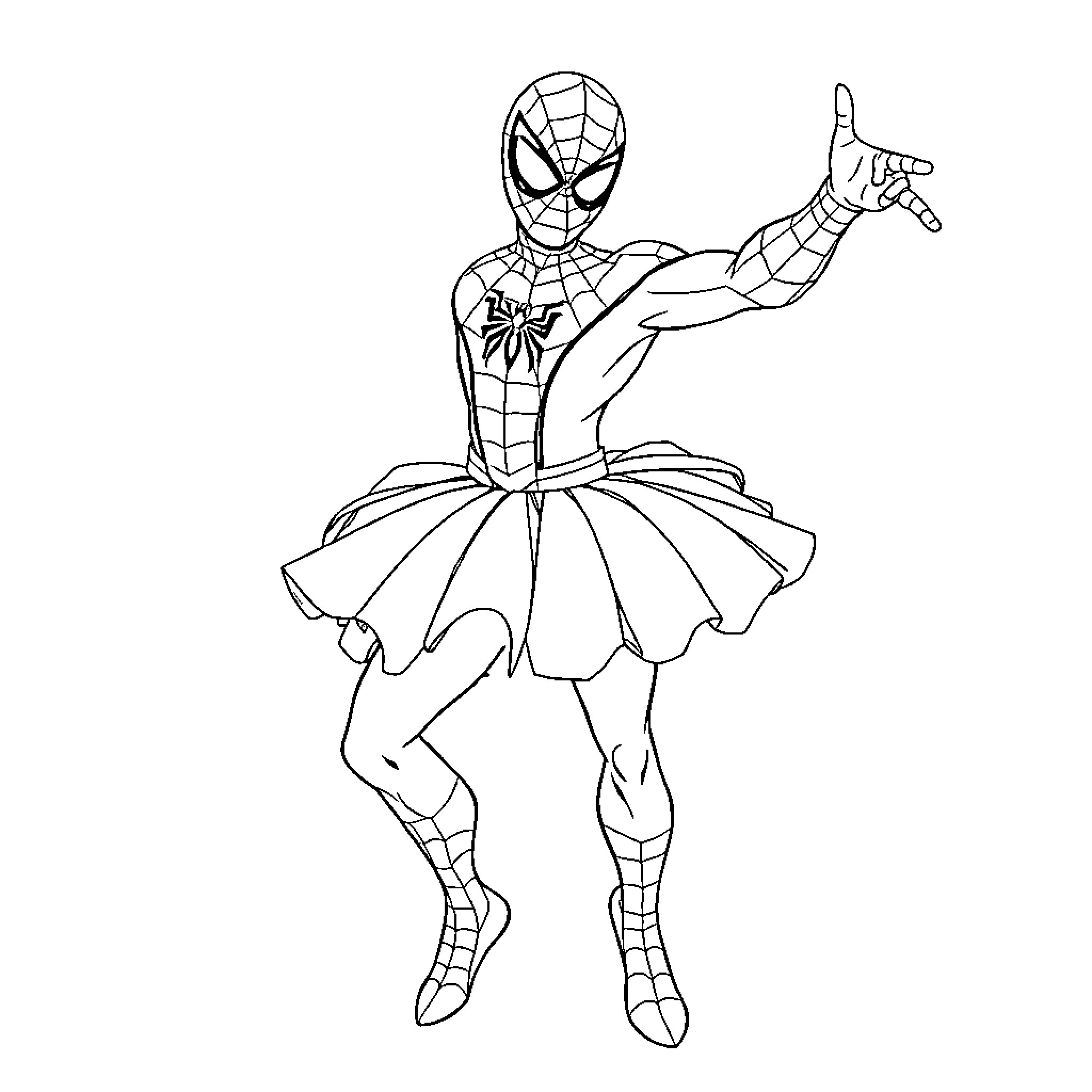 Spiderman dancing in heroic pose Coloring Page (free black-and-white line drawing printable PDF for all, from beginners to advanced learners, including children, teens, adults, and seniors)