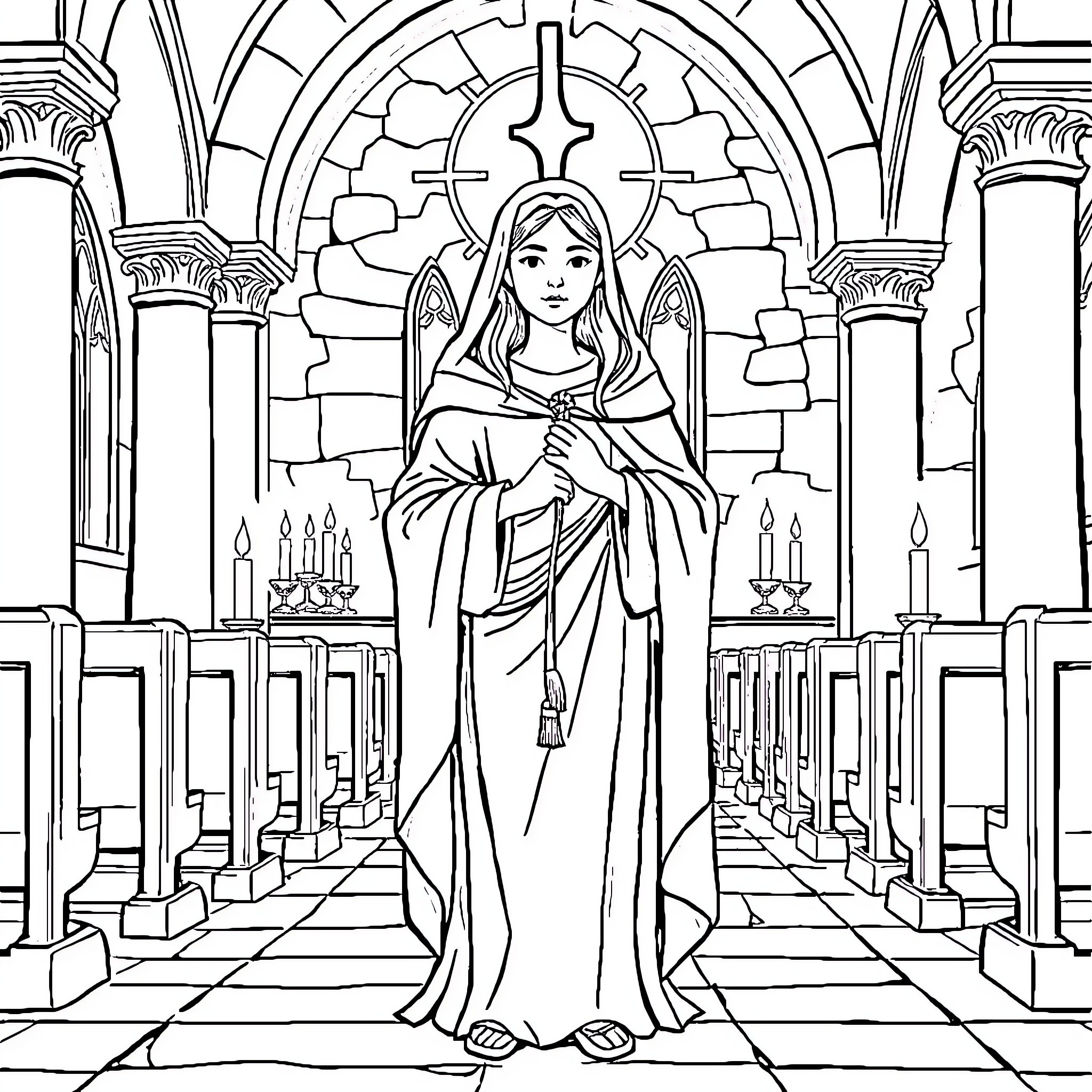 Saint Agatha in a Religious Sanctuary Coloring Page (free black-and-white line drawing printable PDF for all, from beginners to advanced learners, including children, teens, adults, and seniors)