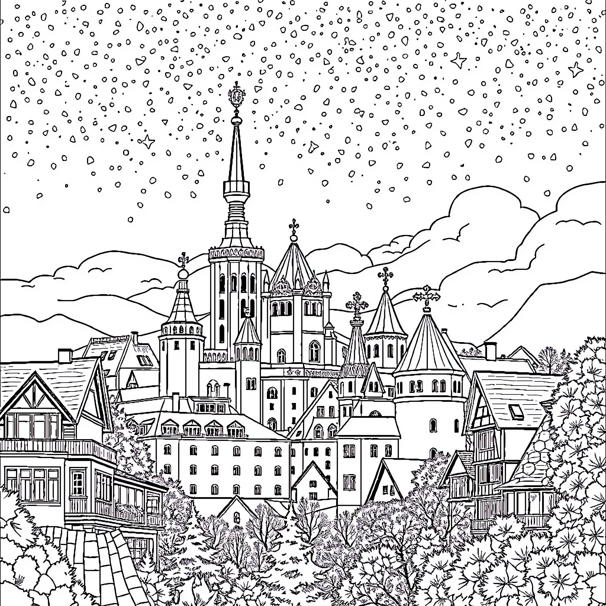 City of Architectural Wonders and Cozy Scenes Coloring Page (free black-and-white line drawing printable PDF for all, from beginners to advanced learners, including children, teens, adults, and seniors)