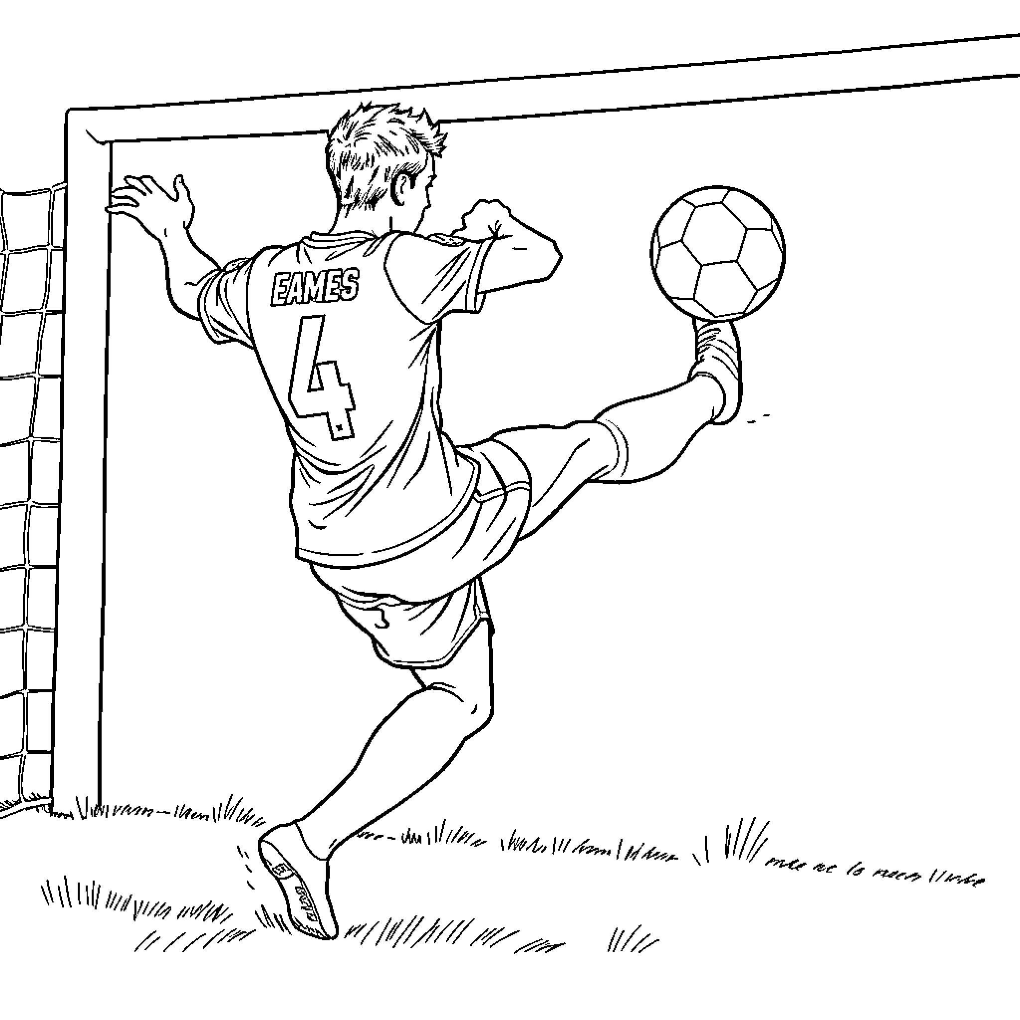 Footballer scoring a goal in action Coloring Page (free black-and-white line drawing printable PDF for all, from beginners to advanced learners, including children, teens, adults, and seniors)