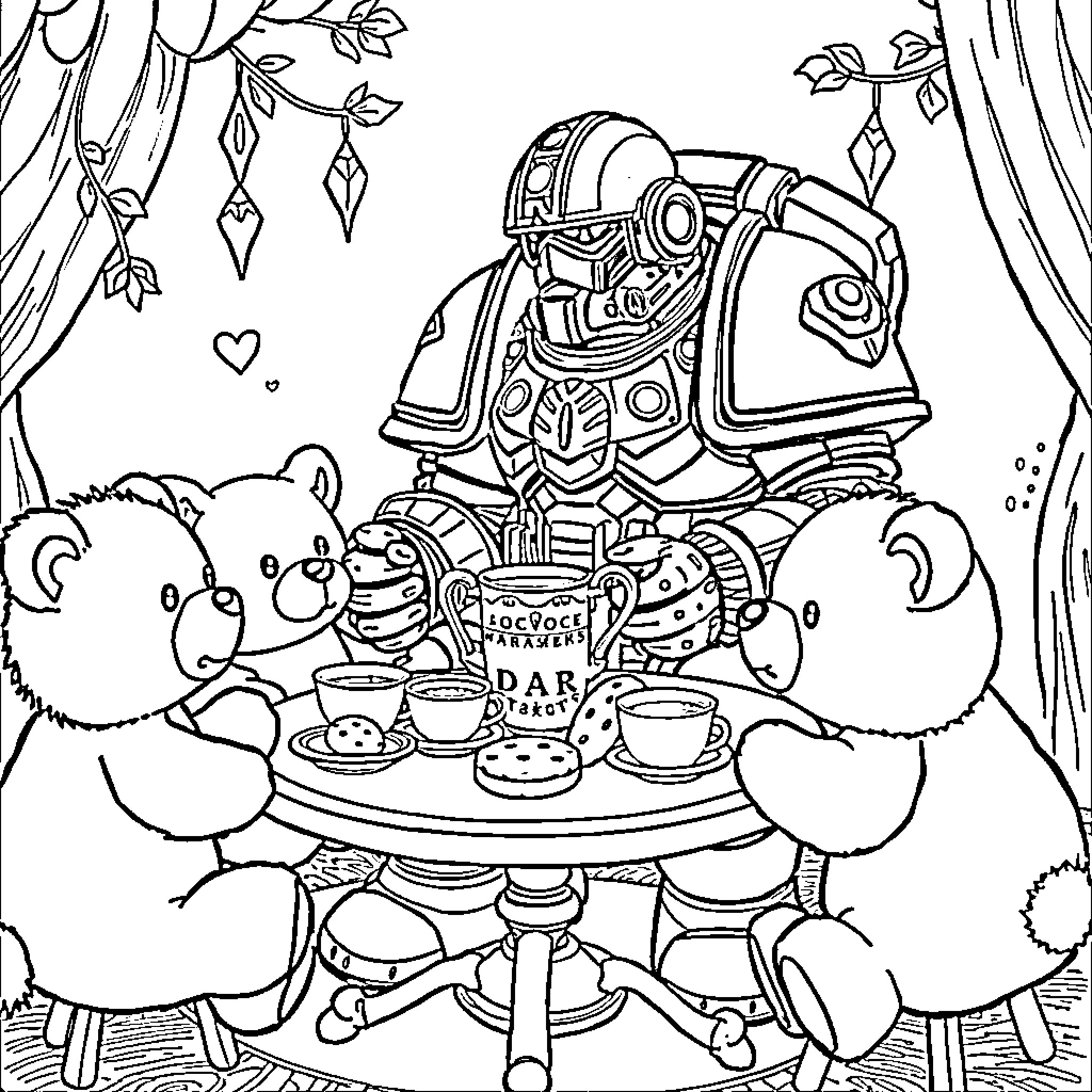 Space Marine enjoying a tea party with adorable stuffed animals Coloring Page (free black-and-white line drawing printable PDF for all, from beginners to advanced learners, including children, teens, adults, and seniors)