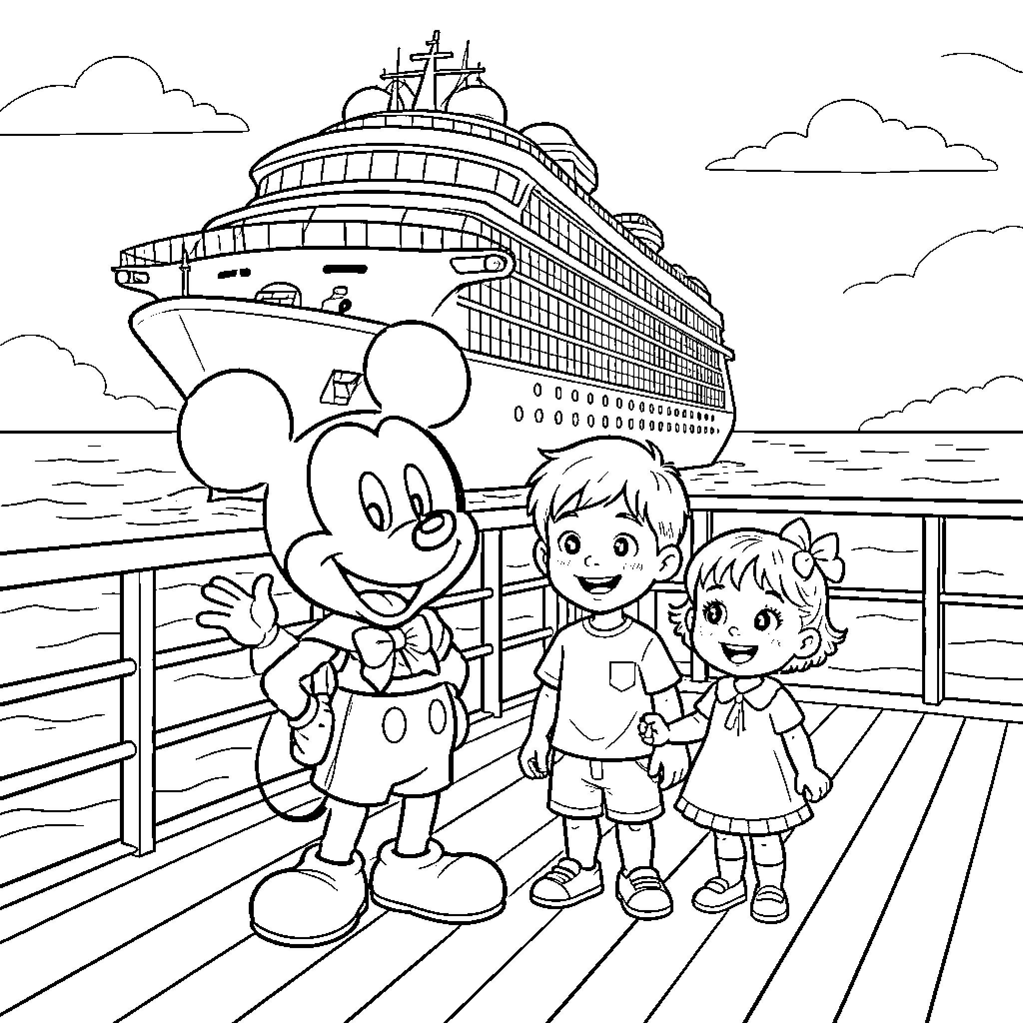 Mickey Mouse waving to two happy children by a ship Coloring Page (free black-and-white line drawing printable PDF for all, from beginners to advanced learners, including children, teens, adults, and seniors)