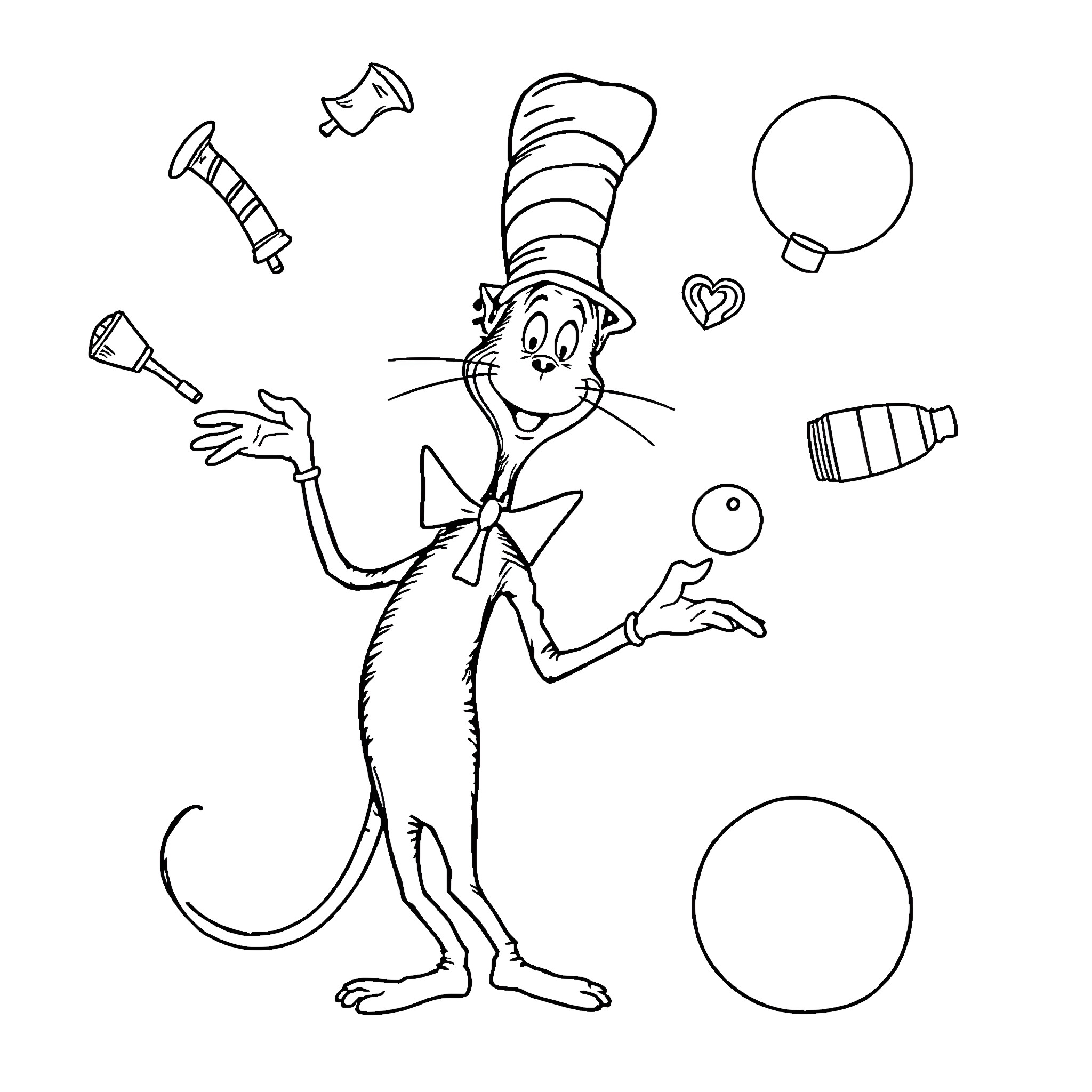Cat in the Hat Juggles and Performs Coloring Page (free black-and-white line drawing printable PDF for all, from beginners to advanced learners, including children, teens, adults, and seniors)