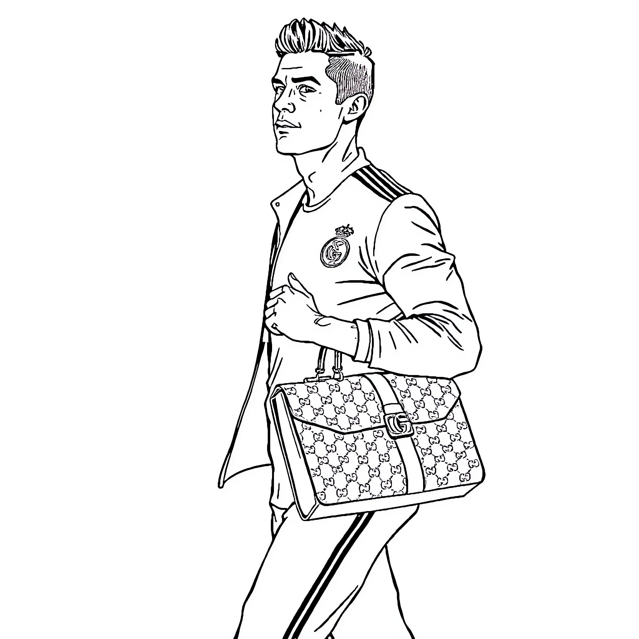 Ronaldo posing in formal attire with a designer bag Coloring Page (free black-and-white line drawing printable PDF for all, from beginners to advanced learners, including children, teens, adults, and seniors)