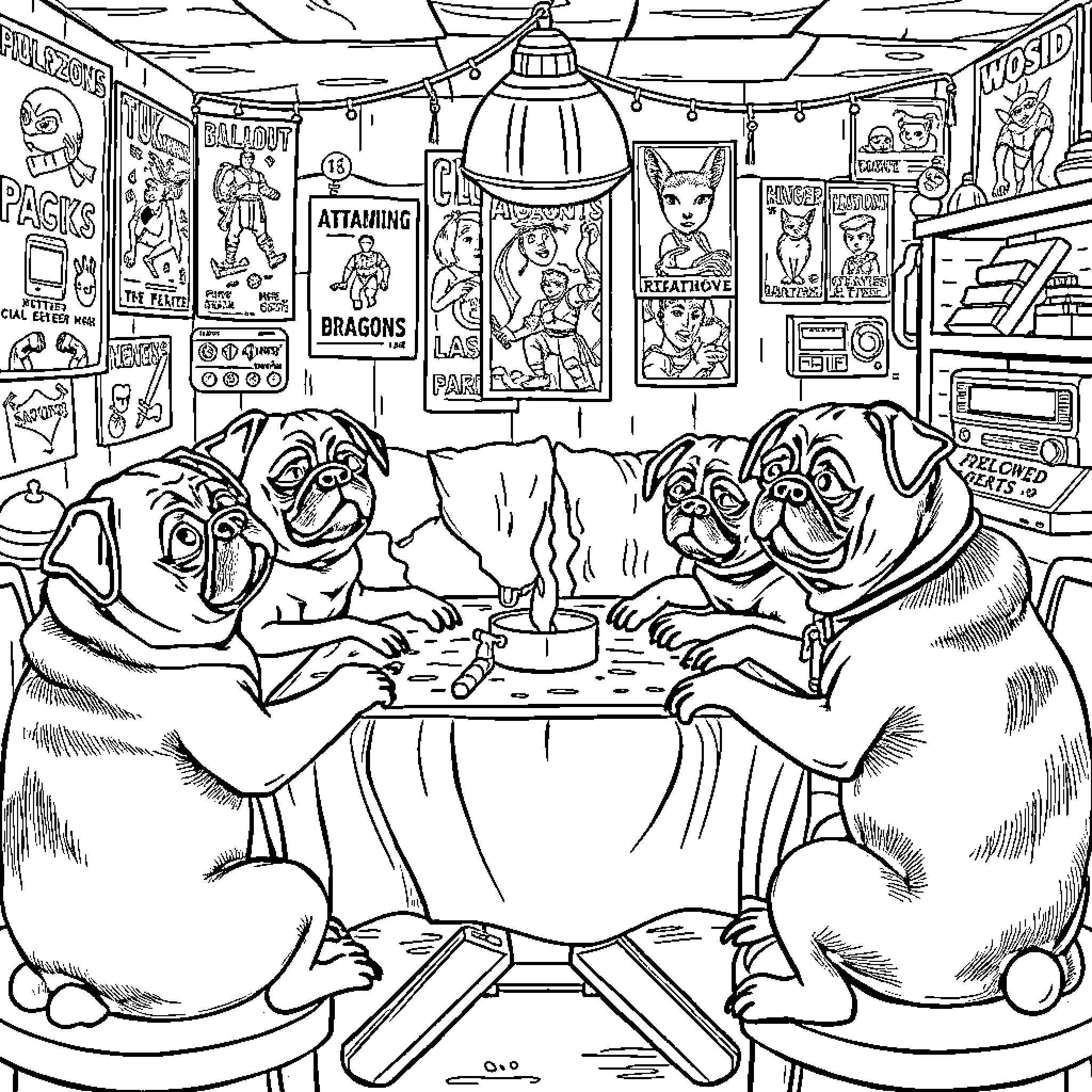 Pugs Playing Video Games in Arcade Coloring Page (free black-and-white line drawing printable PDF for all, from beginners to advanced learners, including children, teens, adults, and seniors)