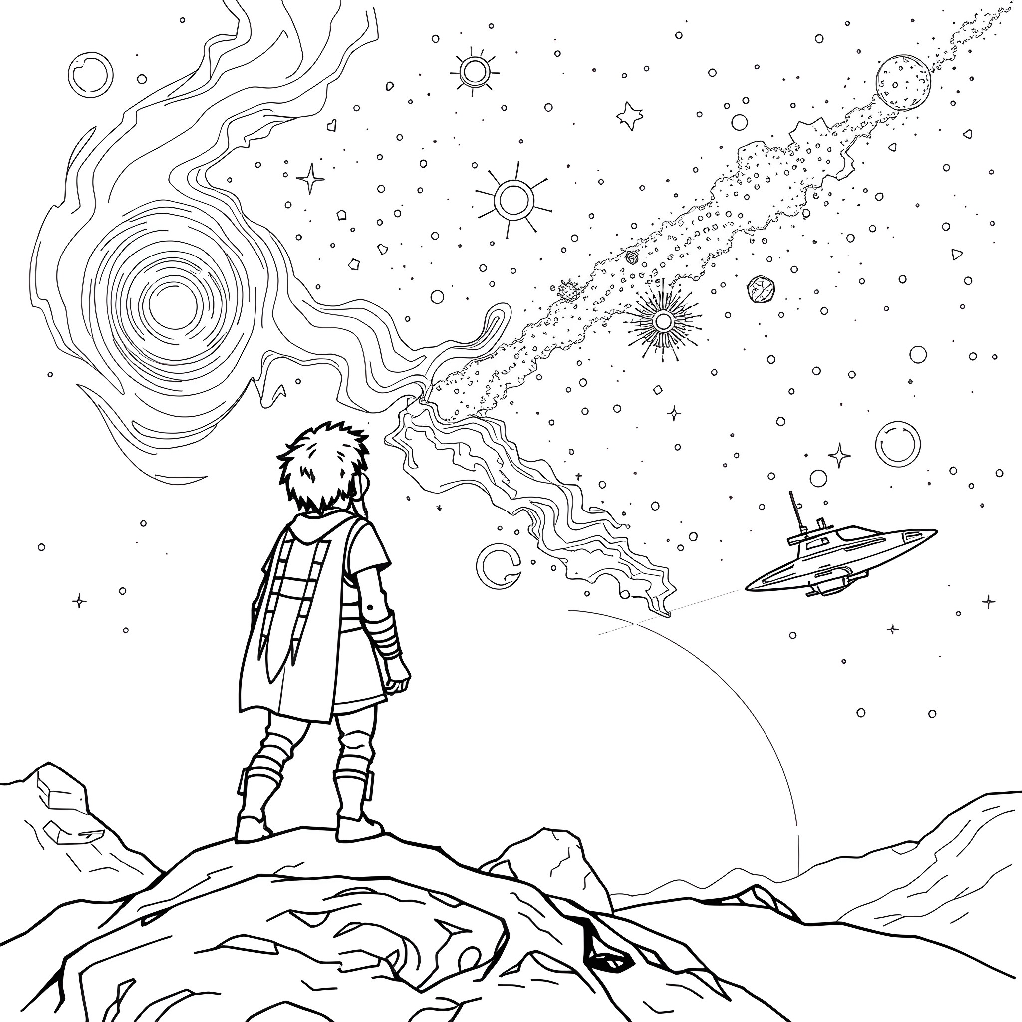 Frodo gazing at the starry night sky on a distant planet Coloring Page (free black-and-white line drawing printable PDF for all, from beginners to advanced learners, including children, teens, adults, and seniors)