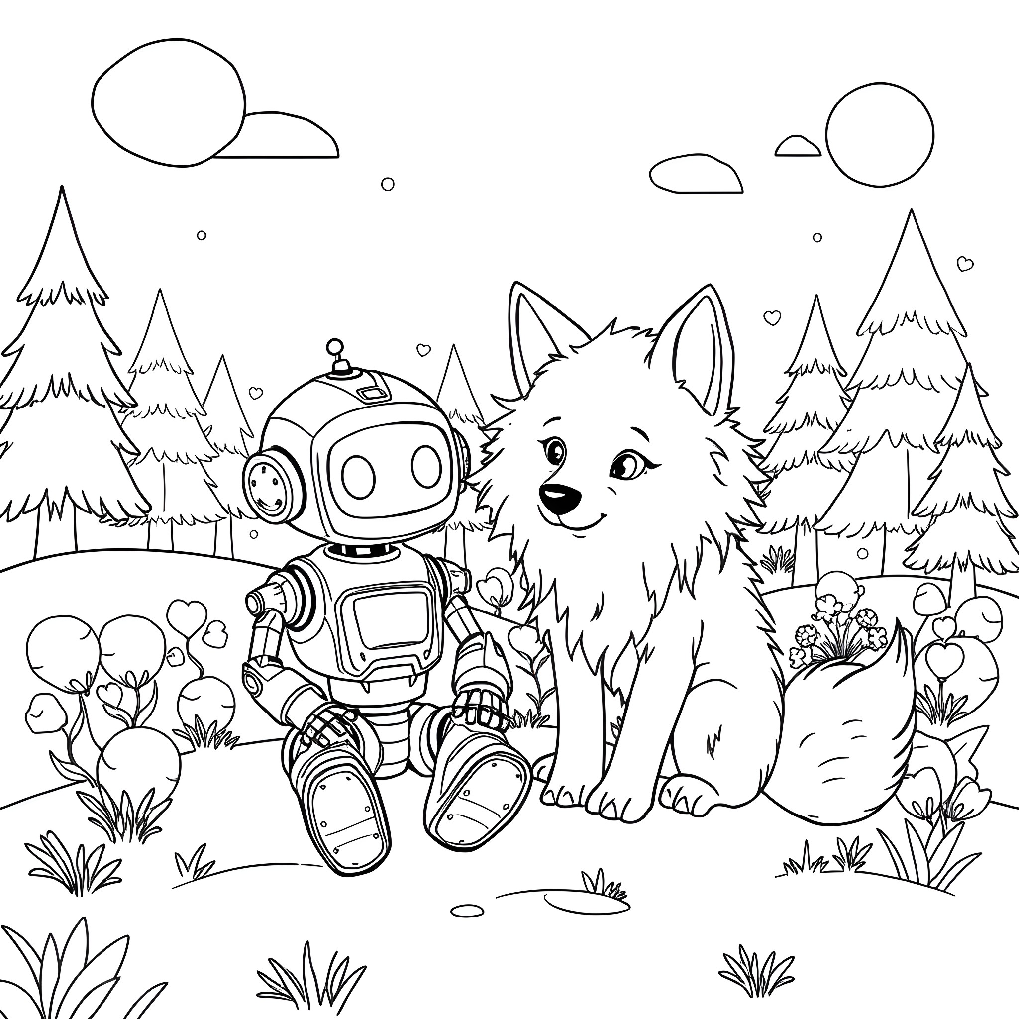 Robot and Furry Companion in the Wilderness Coloring Page (free black-and-white line drawing printable PDF for all, from beginners to advanced learners, including children, teens, adults, and seniors)