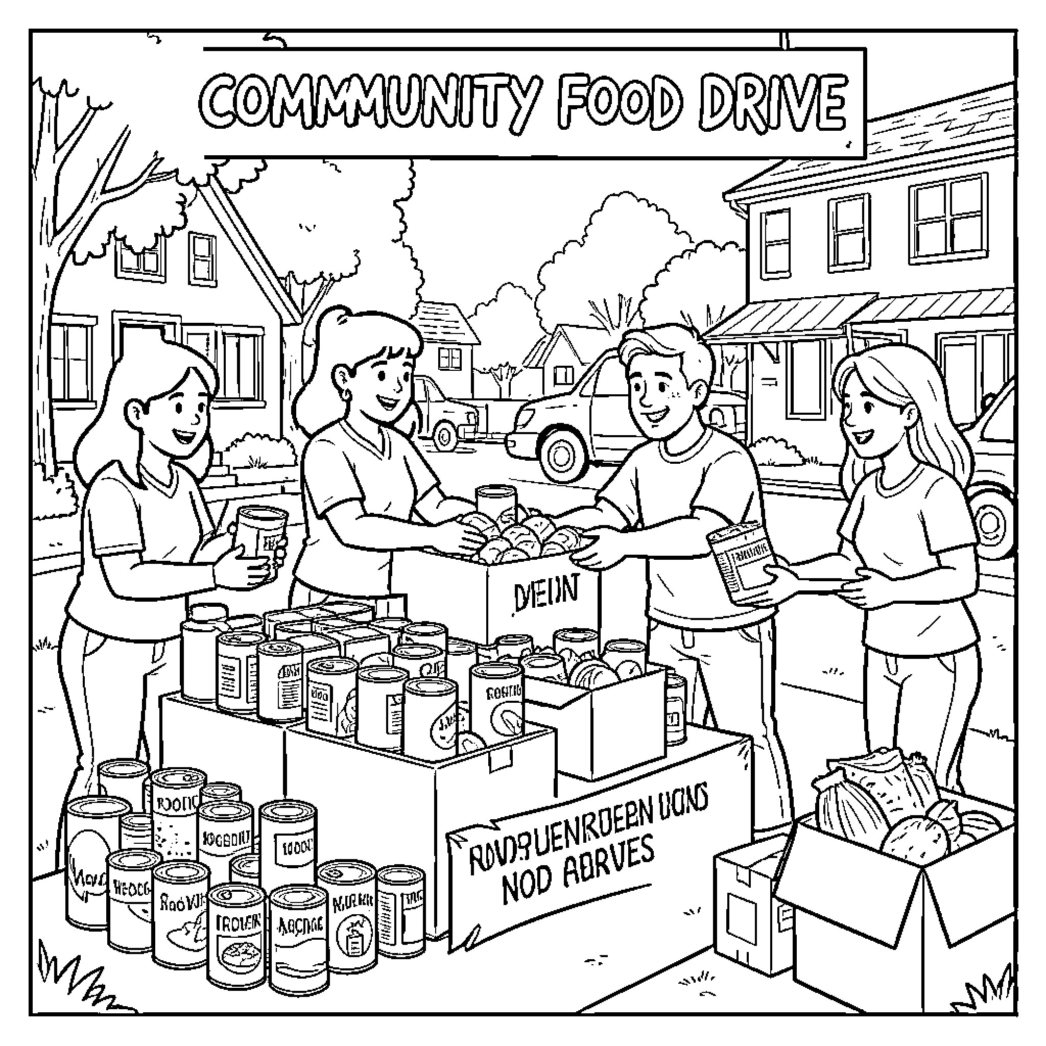 Food Drive: Community Volunteers Collecting Donations Coloring Page (free black-and-white line drawing printable PDF for all, from beginners to advanced learners, including children, teens, adults, and seniors)