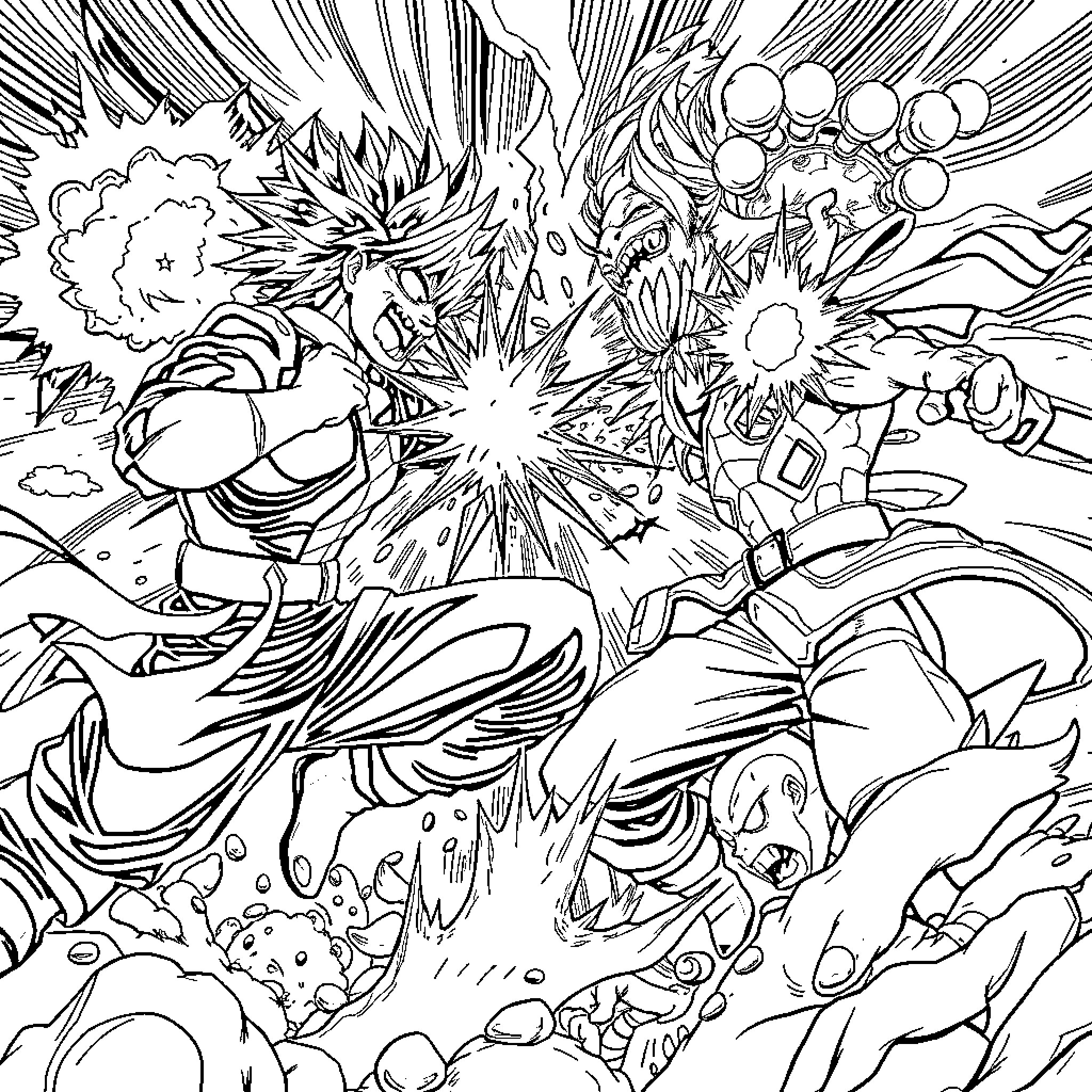 Bakugo's Explosive Battle Against Foes Coloring Page (free black-and-white line drawing printable PDF for all, from beginners to advanced learners, including children, teens, adults, and seniors)