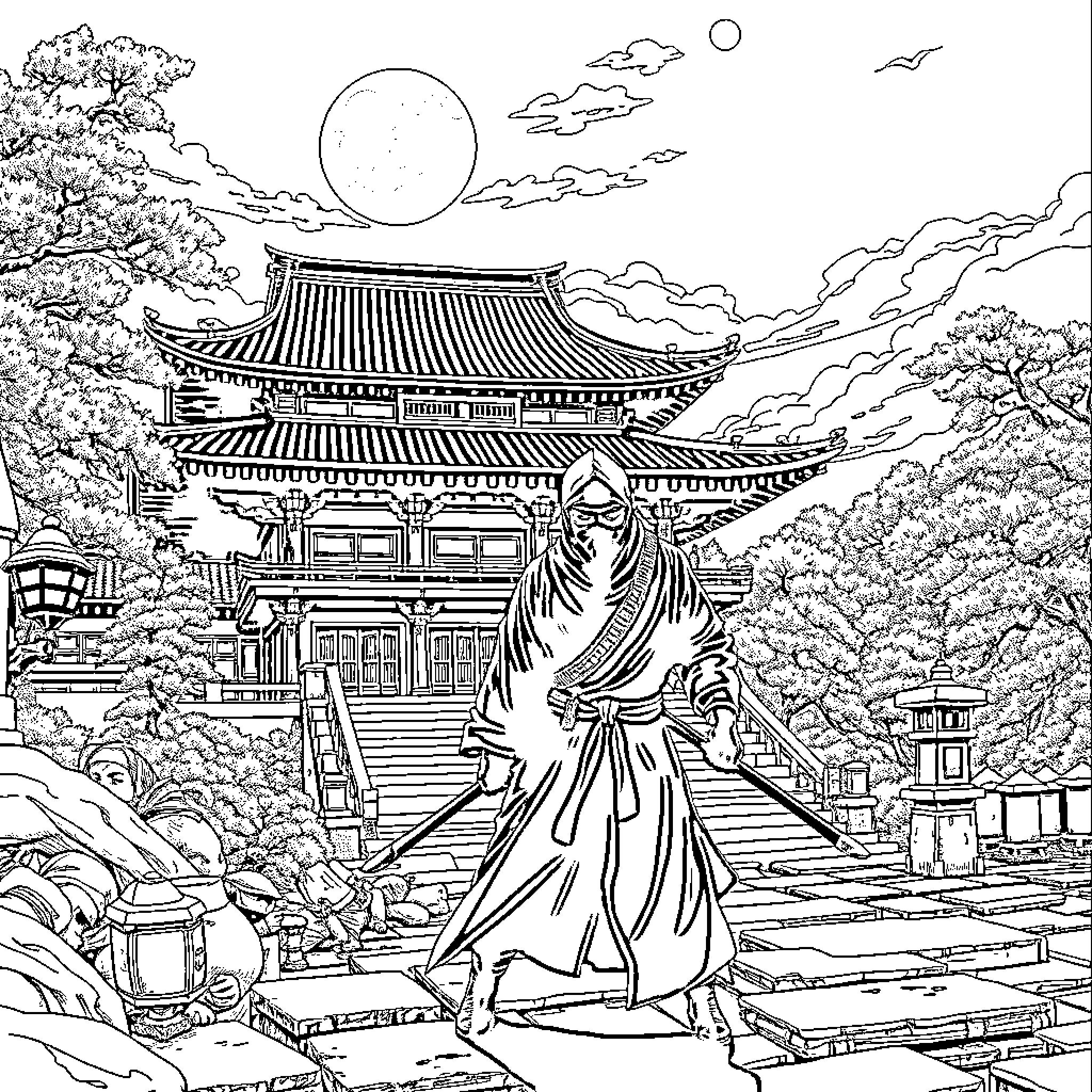 Ninja in tranquil Japanese temple grounds Coloring Page (free black-and-white line drawing printable PDF for all, from beginners to advanced learners, including children, teens, adults, and seniors)