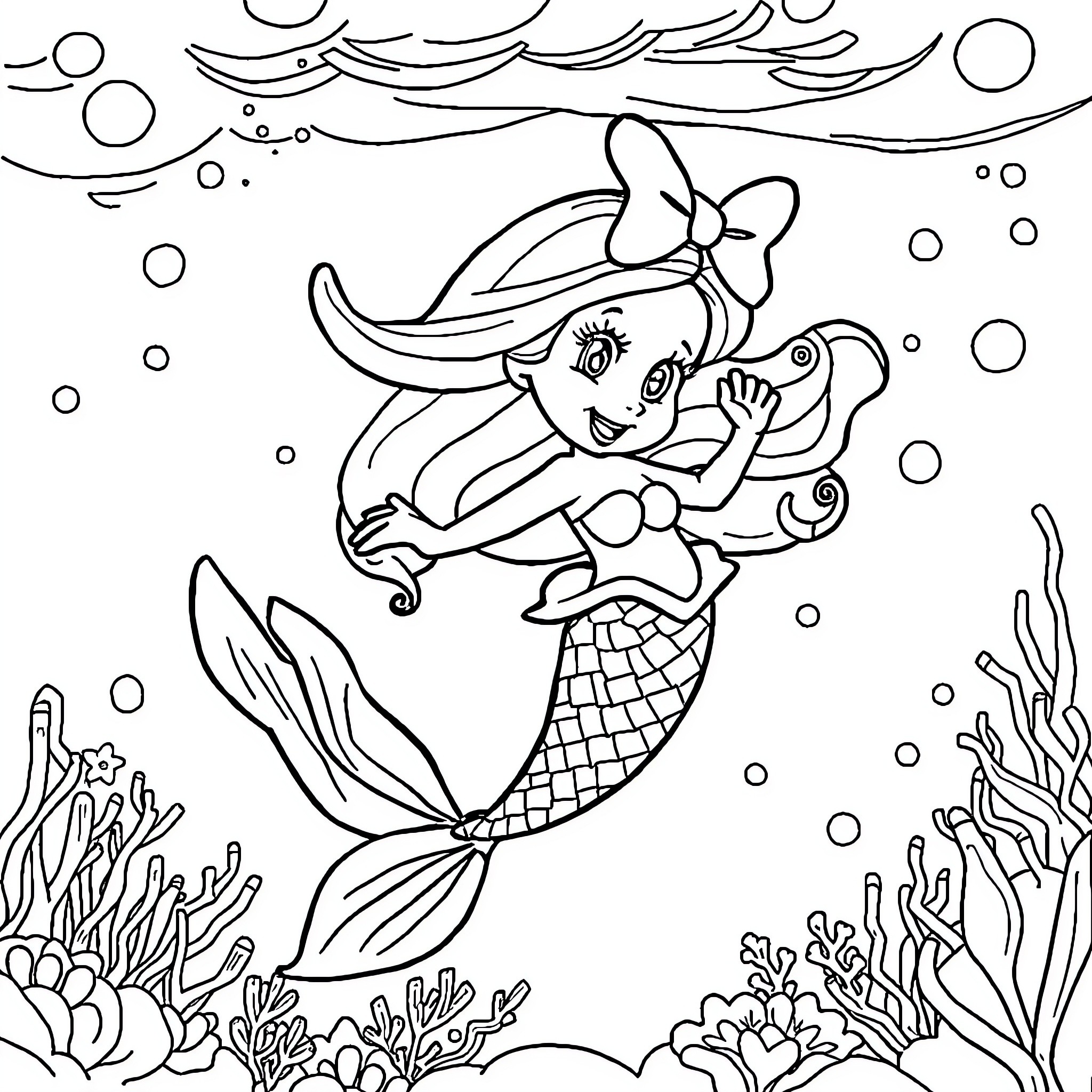 Mermaid swimming happily through the underwater world Coloring Page (free black-and-white line drawing printable PDF for all, from beginners to advanced learners, including children, teens, adults, and seniors)