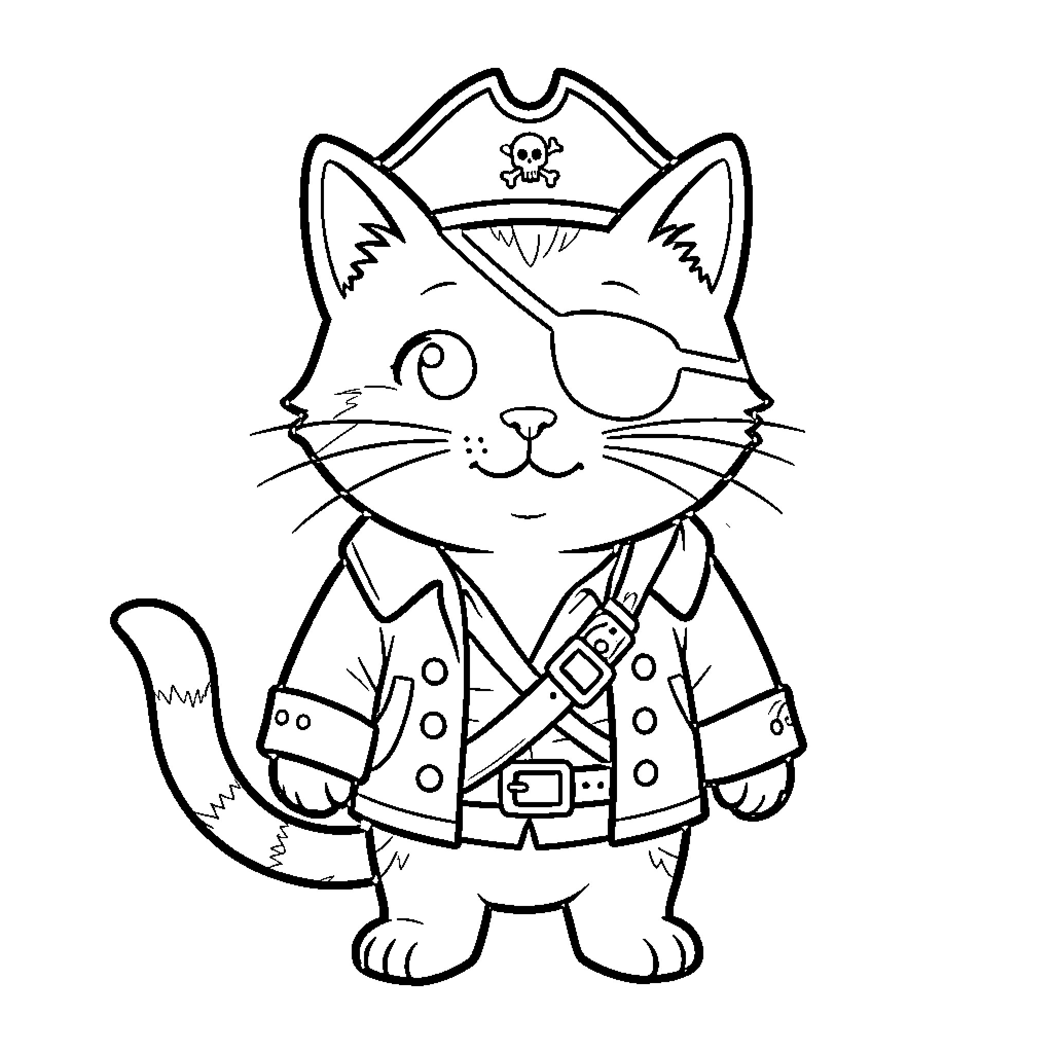 Pirate Cat wearing an eye patch and captain hat Coloring Page (free black-and-white line drawing printable PDF for all, from beginners to advanced learners, including children, teens, adults, and seniors)
