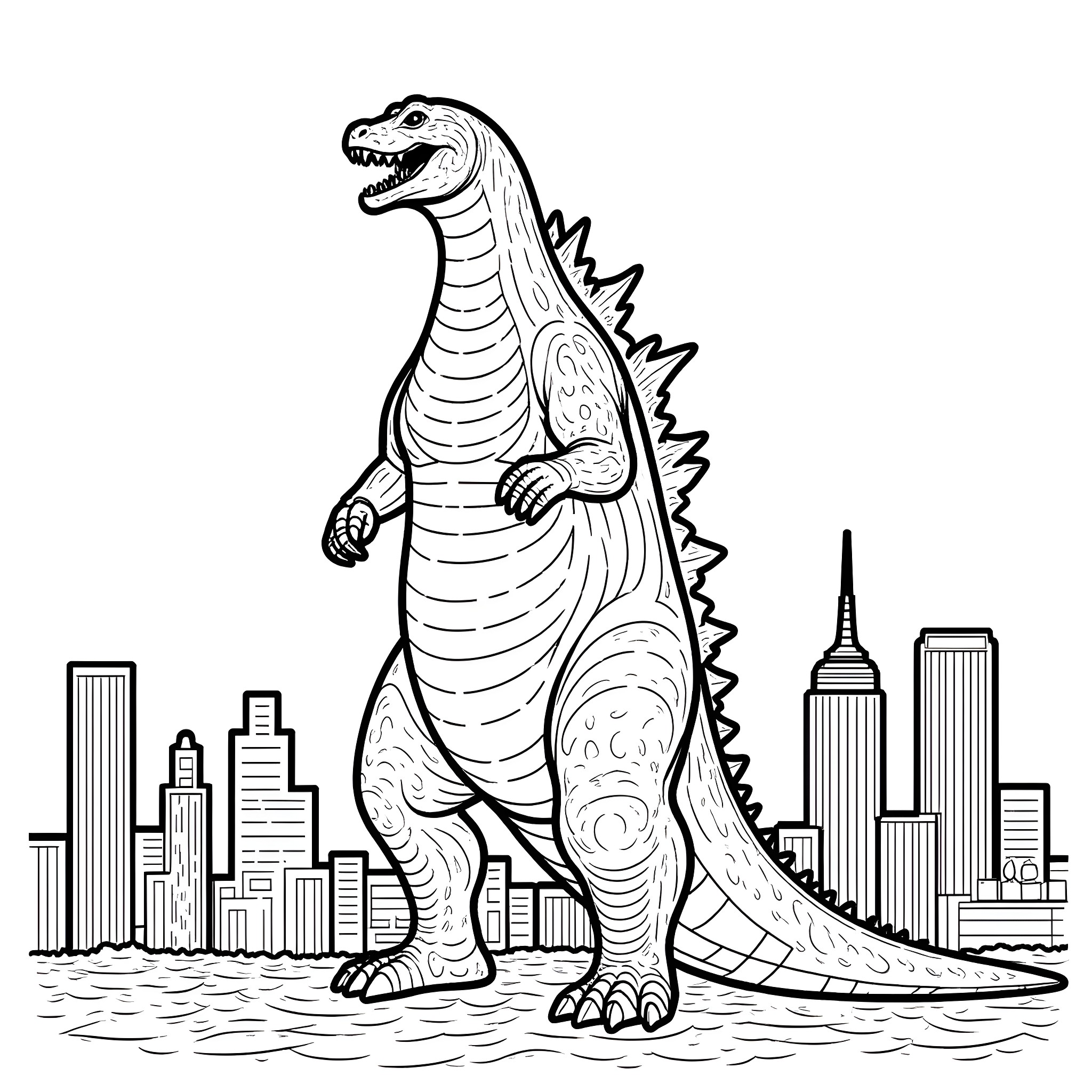 Godzilla stomping through the city skyline Coloring Page (free black-and-white line drawing printable PDF for all, from beginners to advanced learners, including children, teens, adults, and seniors)