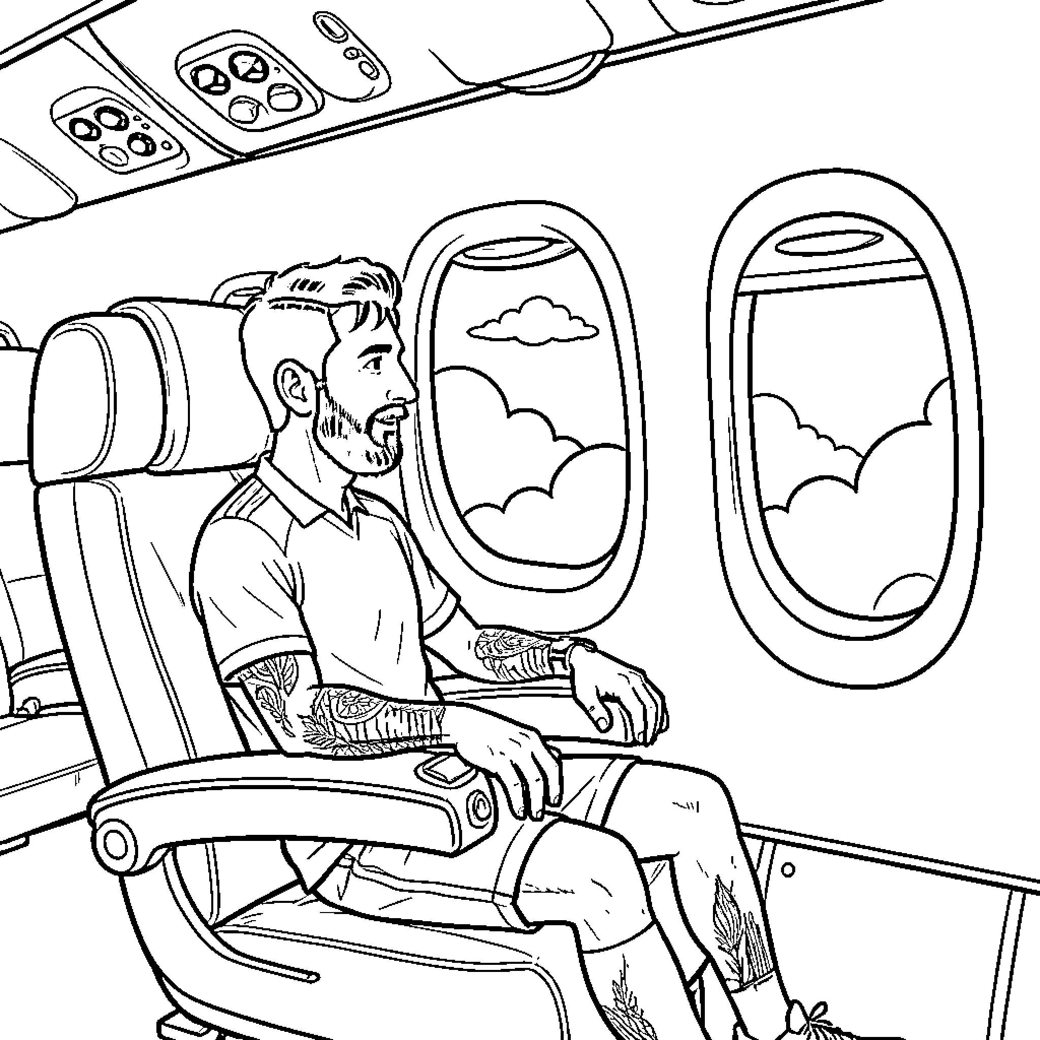 Messi relaxing in airplane window seat Coloring Page (free black-and-white line drawing printable PDF for all, from beginners to advanced learners, including children, teens, adults, and seniors)