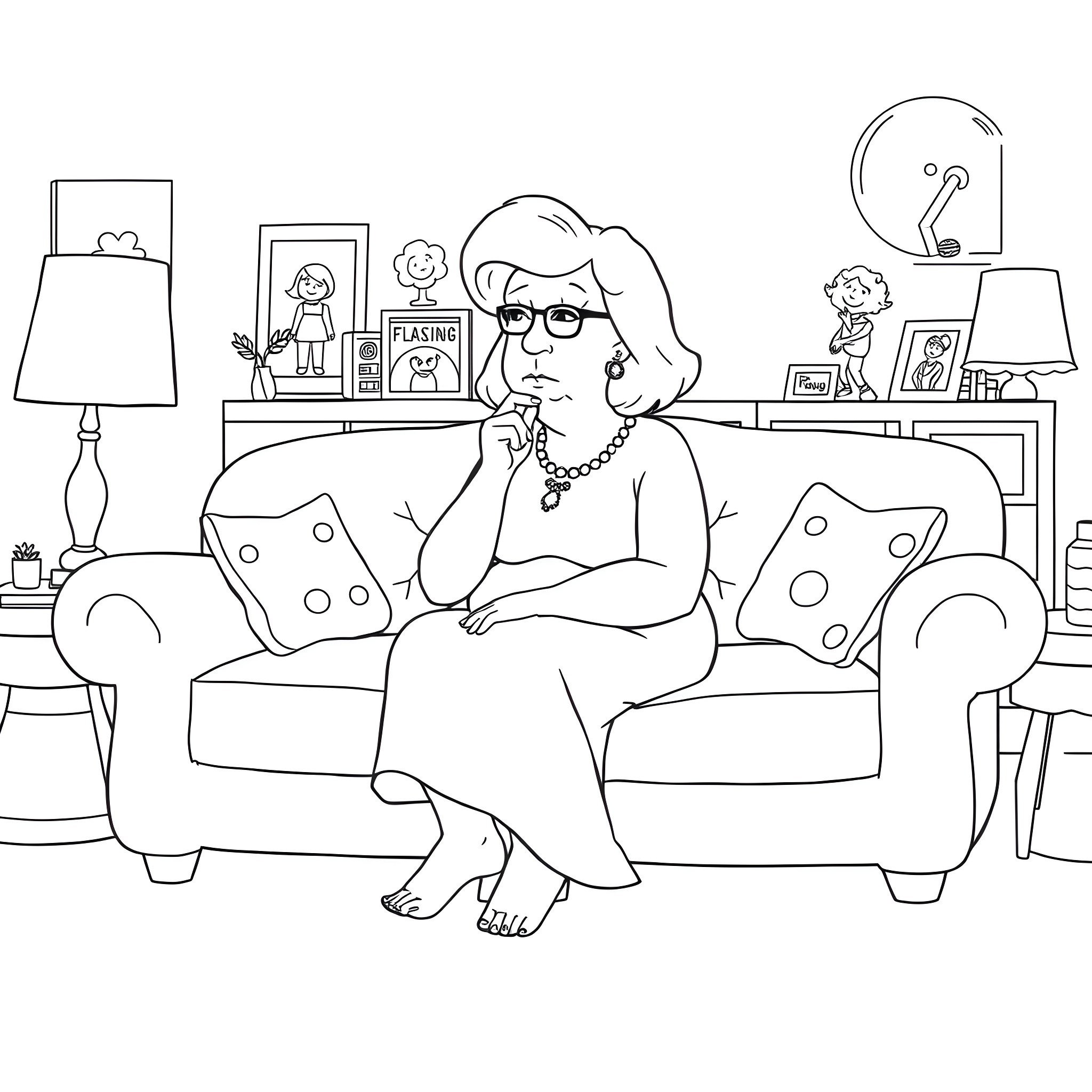 Lois Griffin relaxing on the couch at home Coloring Page (free black-and-white line drawing printable PDF for all, from beginners to advanced learners, including children, teens, adults, and seniors)