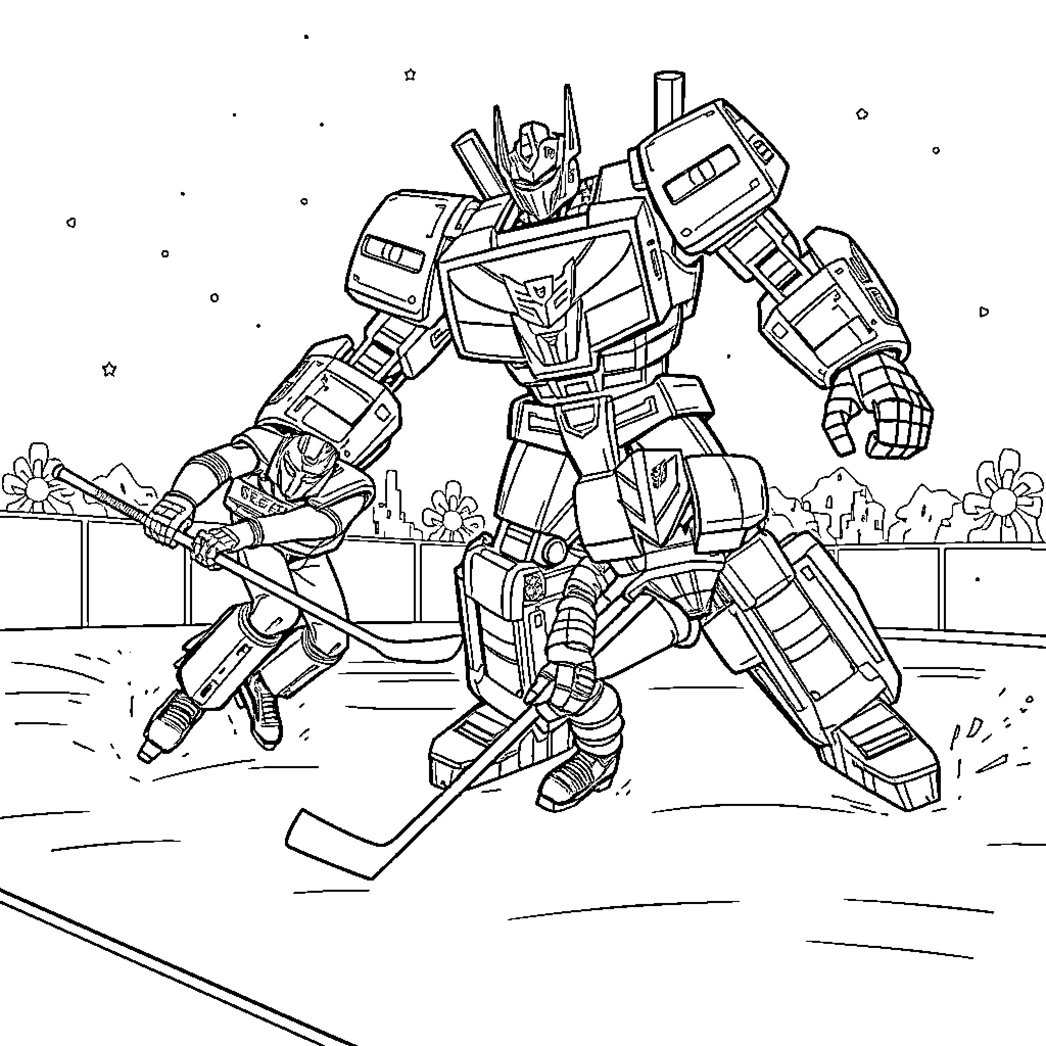 Huntrix Robot Warrior in Battle Pose Coloring Page (free black-and-white line drawing printable PDF for all, from beginners to advanced learners, including children, teens, adults, and seniors)
