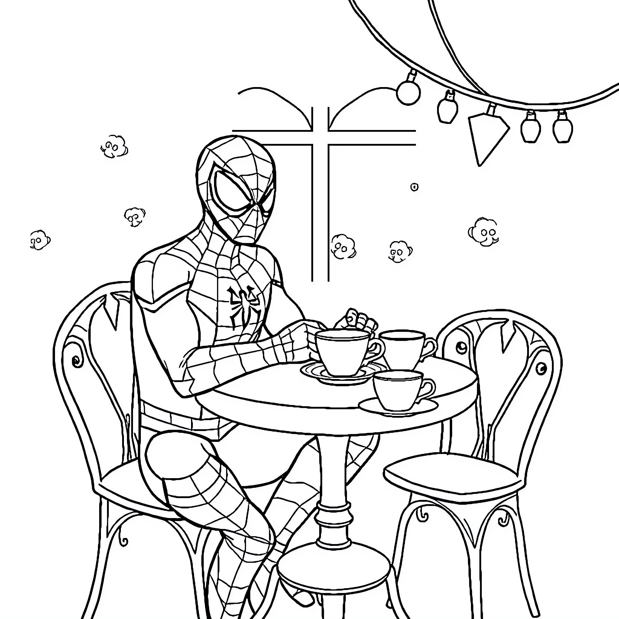 Spiderman relaxing at a cafe Coloring Page (free black-and-white line drawing printable PDF for all, from beginners to advanced learners, including children, teens, adults, and seniors)