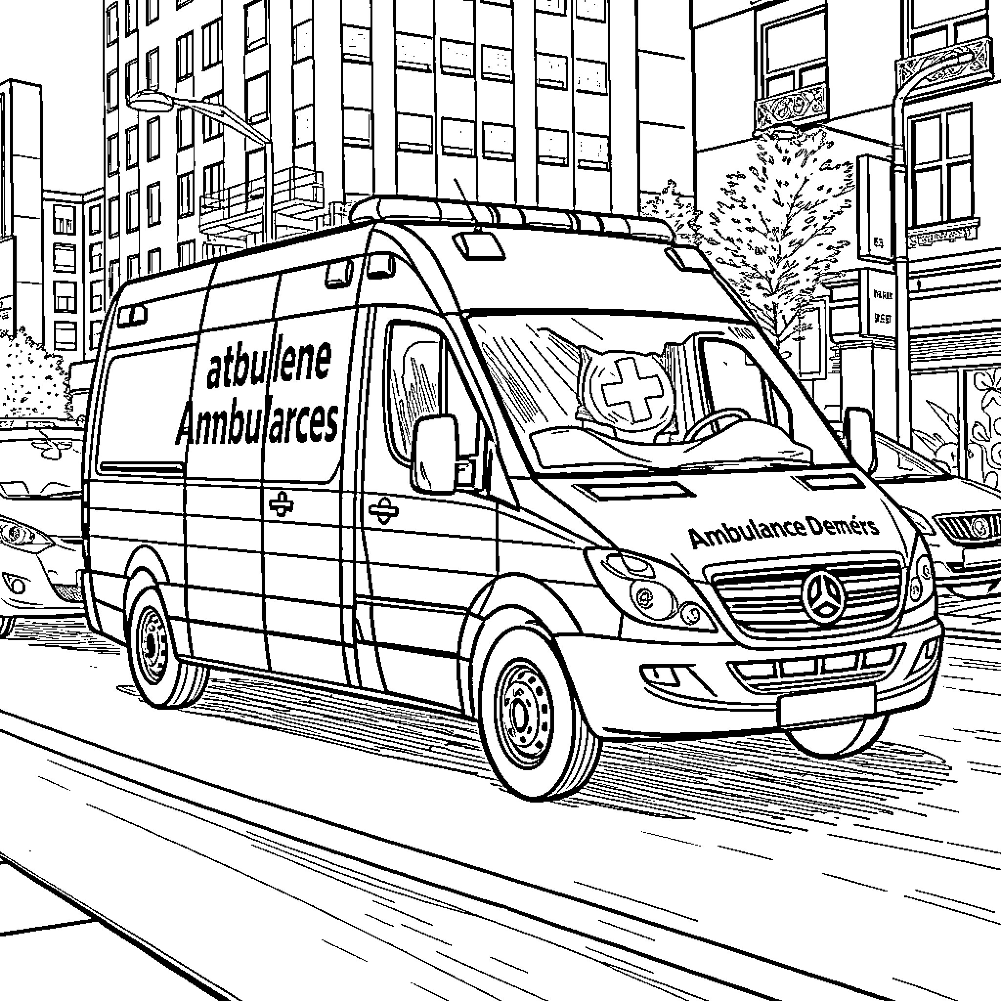 Ambulance responding to emergency on city street Coloring Page (free black-and-white line drawing printable PDF for all, from beginners to advanced learners, including children, teens, adults, and seniors)