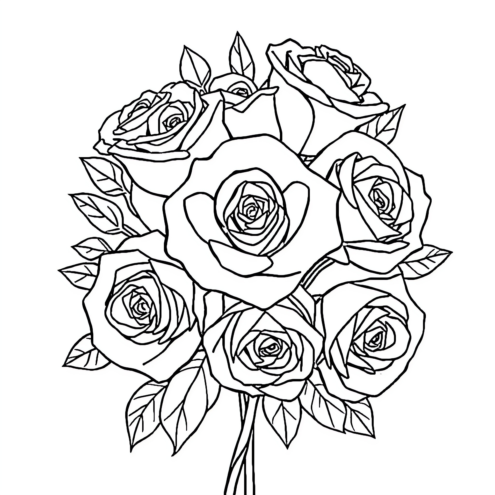Rose Bouquet with Intricate Floral Details Coloring Page (free black-and-white line drawing printable PDF for all, from beginners to advanced learners, including children, teens, adults, and seniors)