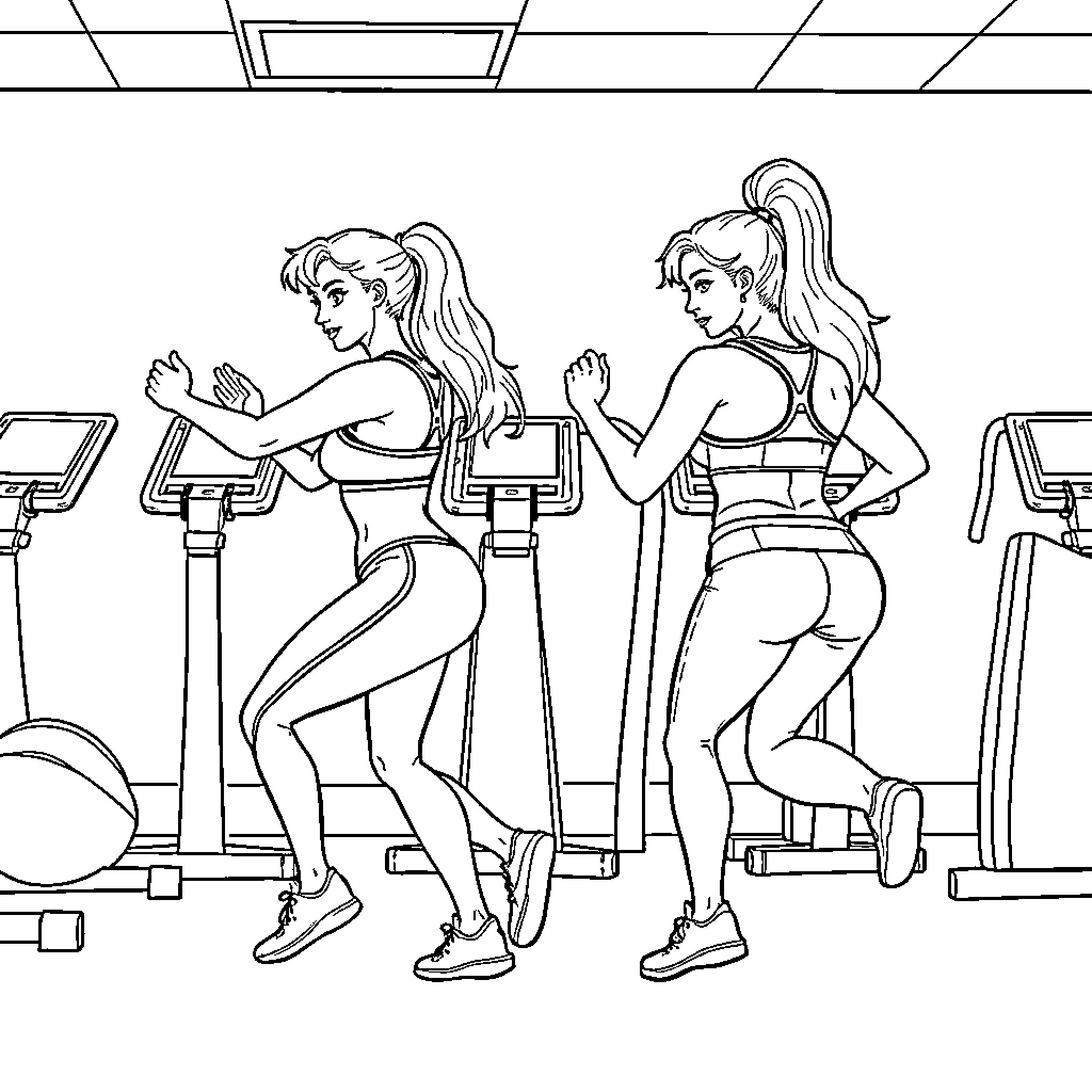 Furry females working out at the gym Coloring Page (free black-and-white line drawing printable PDF for all, from beginners to advanced learners, including children, teens, adults, and seniors)