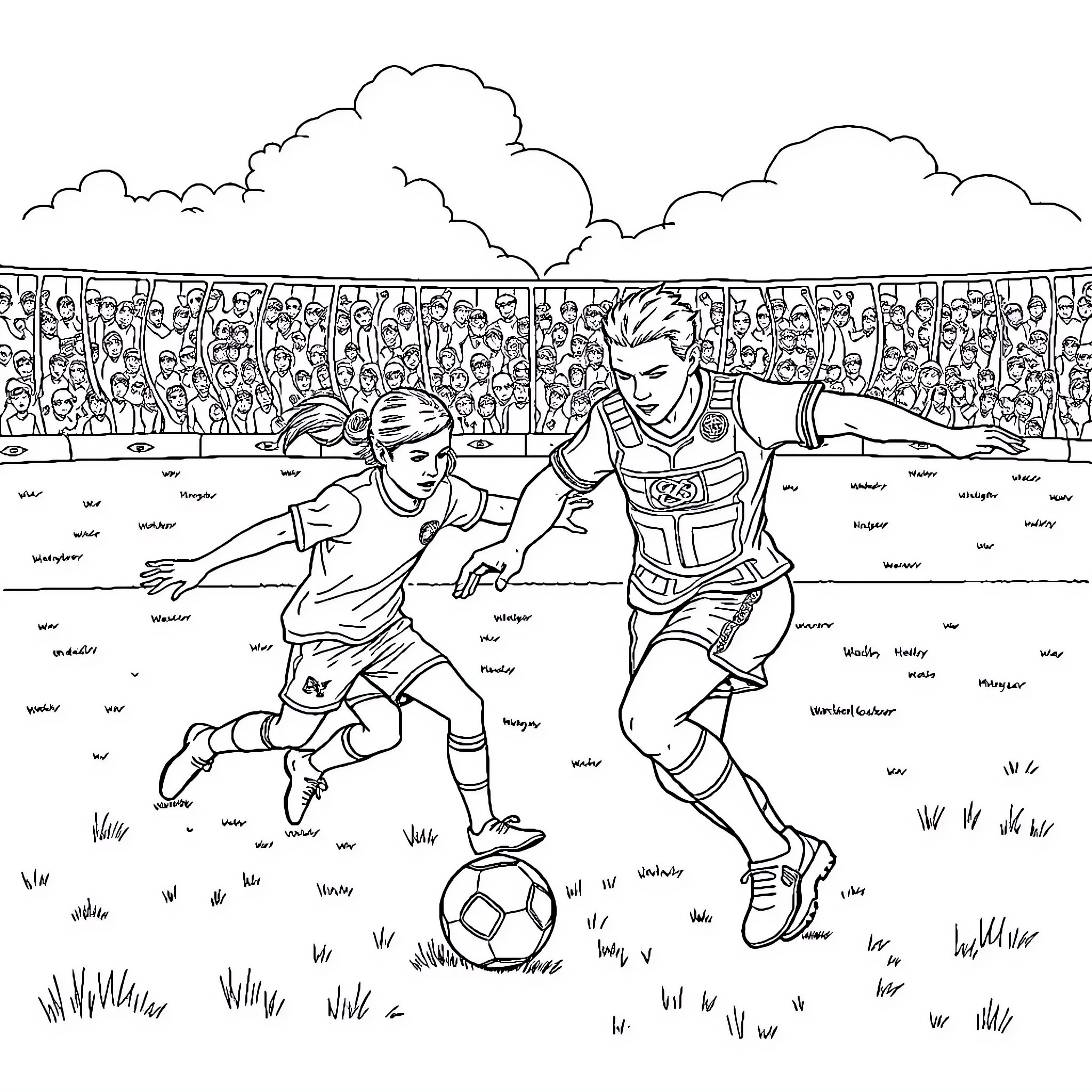 Meada Rivals Compete in Intense Soccer Match Coloring Page (free black-and-white line drawing printable PDF for all, from beginners to advanced learners, including children, teens, adults, and seniors)