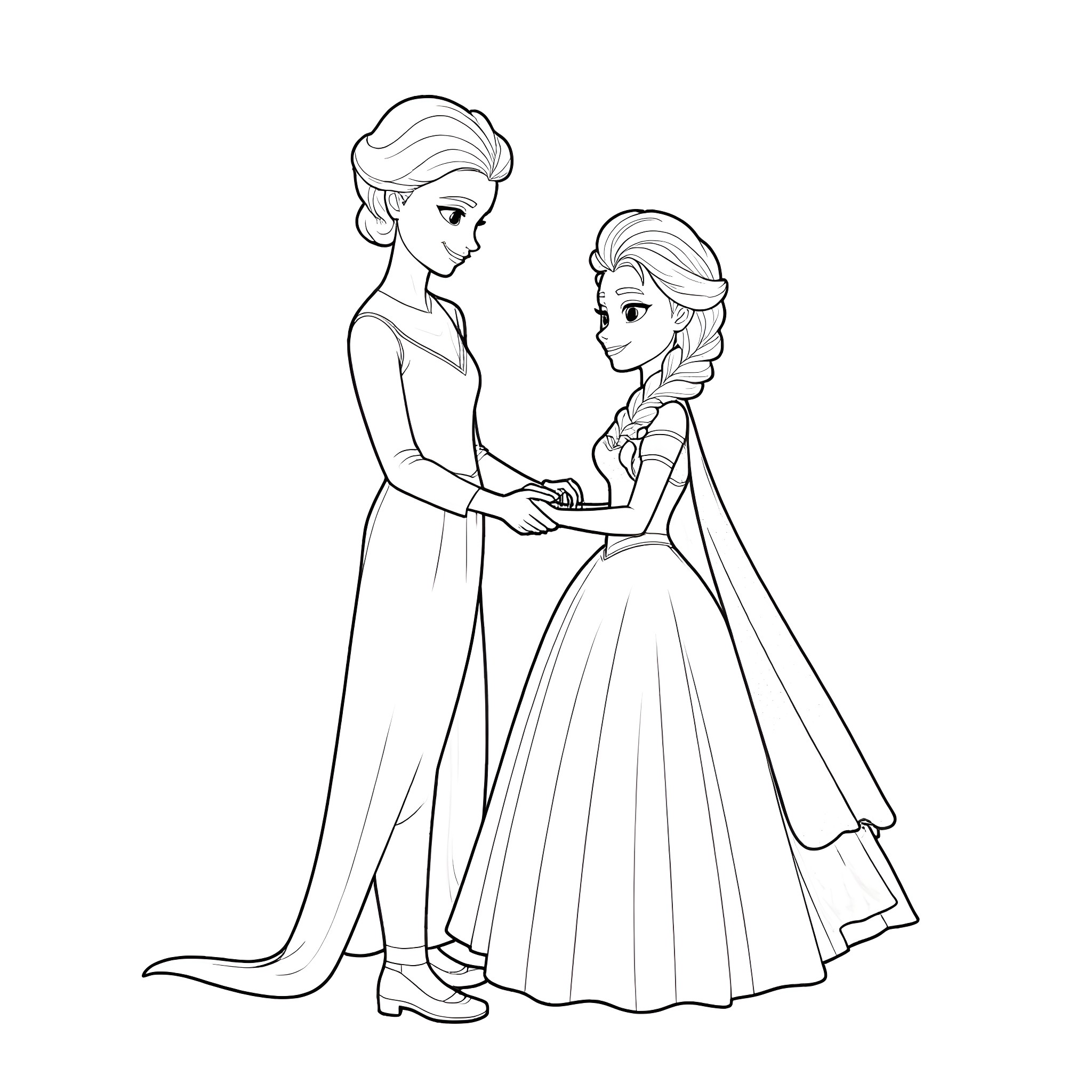 Philippa and Elsa in Elegant Dresses Coloring Page (free black-and-white line drawing printable PDF for all, from beginners to advanced learners, including children, teens, adults, and seniors)