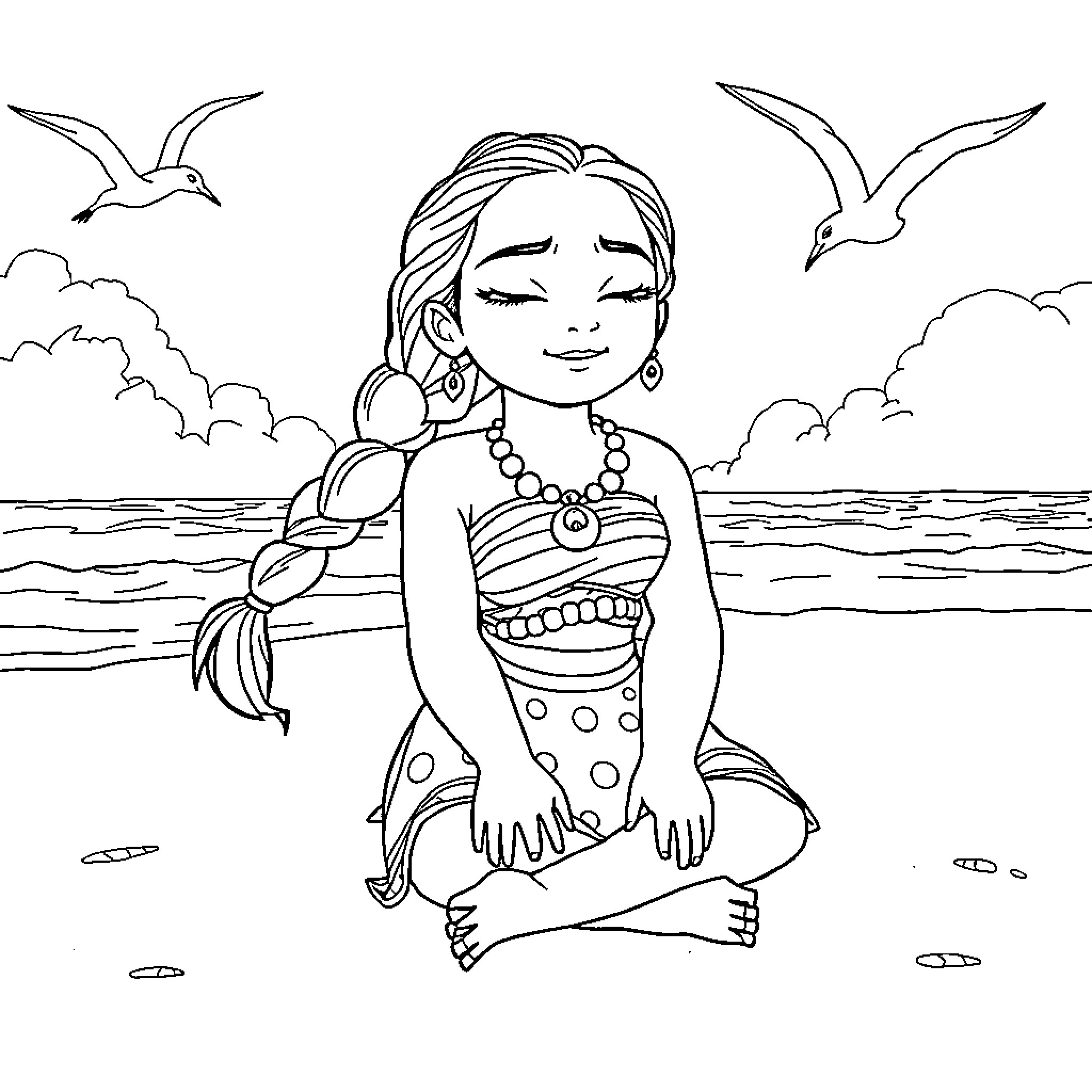 Moana enjoying the ocean breeze and seagulls Coloring Page (free black-and-white line drawing printable PDF for all, from beginners to advanced learners, including children, teens, adults, and seniors)