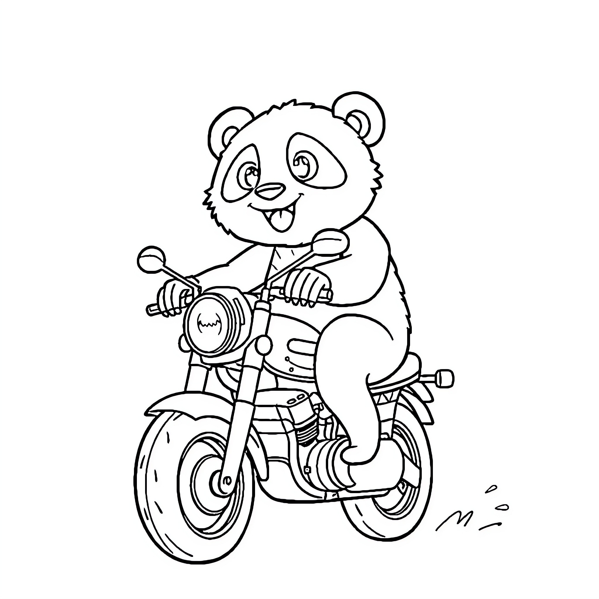 Panda riding a motorcycle with excitement Coloring Page (free black-and-white line drawing printable PDF for all, from beginners to advanced learners, including children, teens, adults, and seniors)