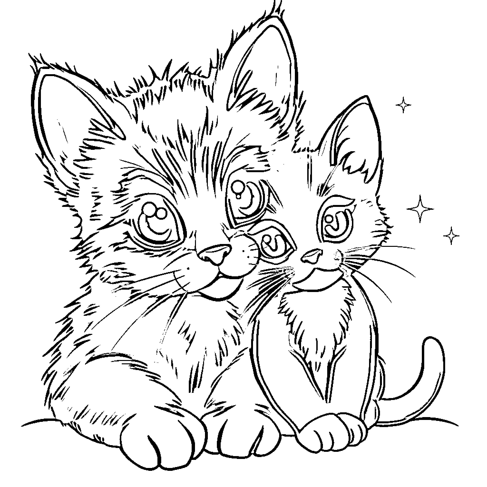 Pug kittens playing with stars Coloring Page (free black-and-white line drawing printable PDF for all, from beginners to advanced learners, including children, teens, adults, and seniors)