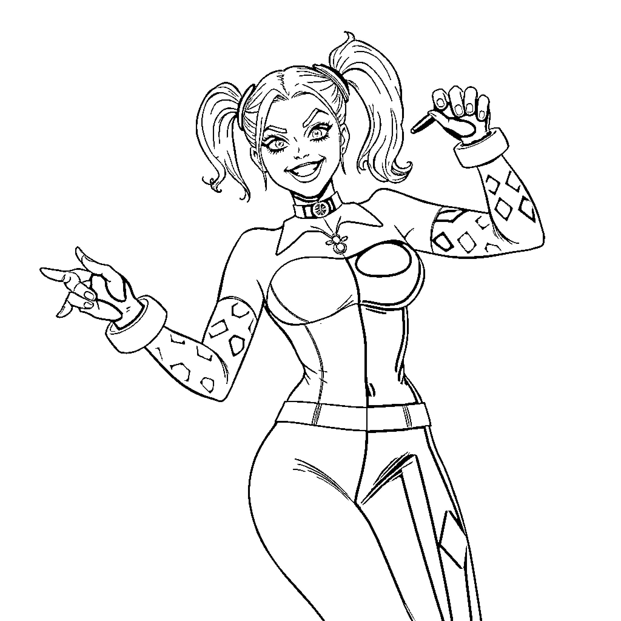 Harley Quinn in Playful and Expressive Pose Coloring Page (free black-and-white line drawing printable PDF for all, from beginners to advanced learners, including children, teens, adults, and seniors)
