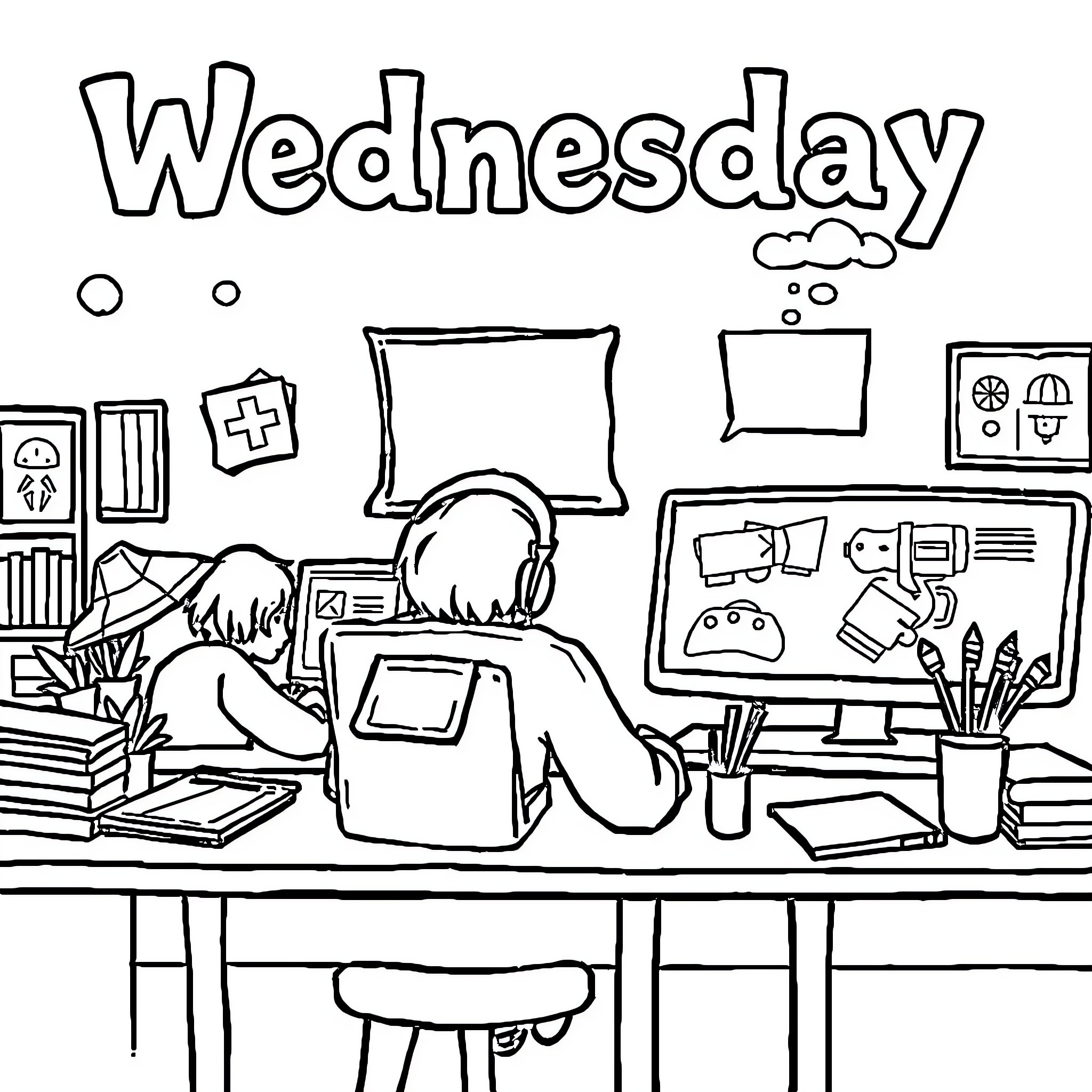 Wednesday Workplace Scene with Desk, Computer, and Supplies Coloring Page (free black-and-white line drawing printable PDF for all, from beginners to advanced learners, including children, teens, adults, and seniors)