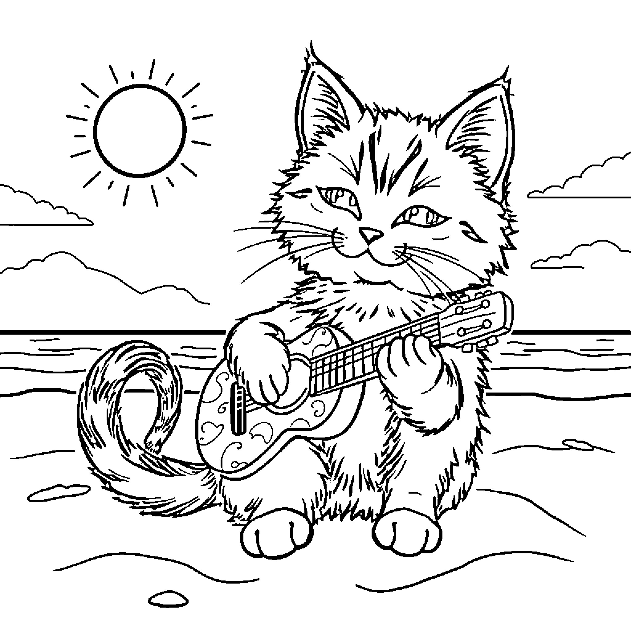 Cat playing guitar on the beach Coloring Page (free black-and-white line drawing printable PDF for all, from beginners to advanced learners, including children, teens, adults, and seniors)