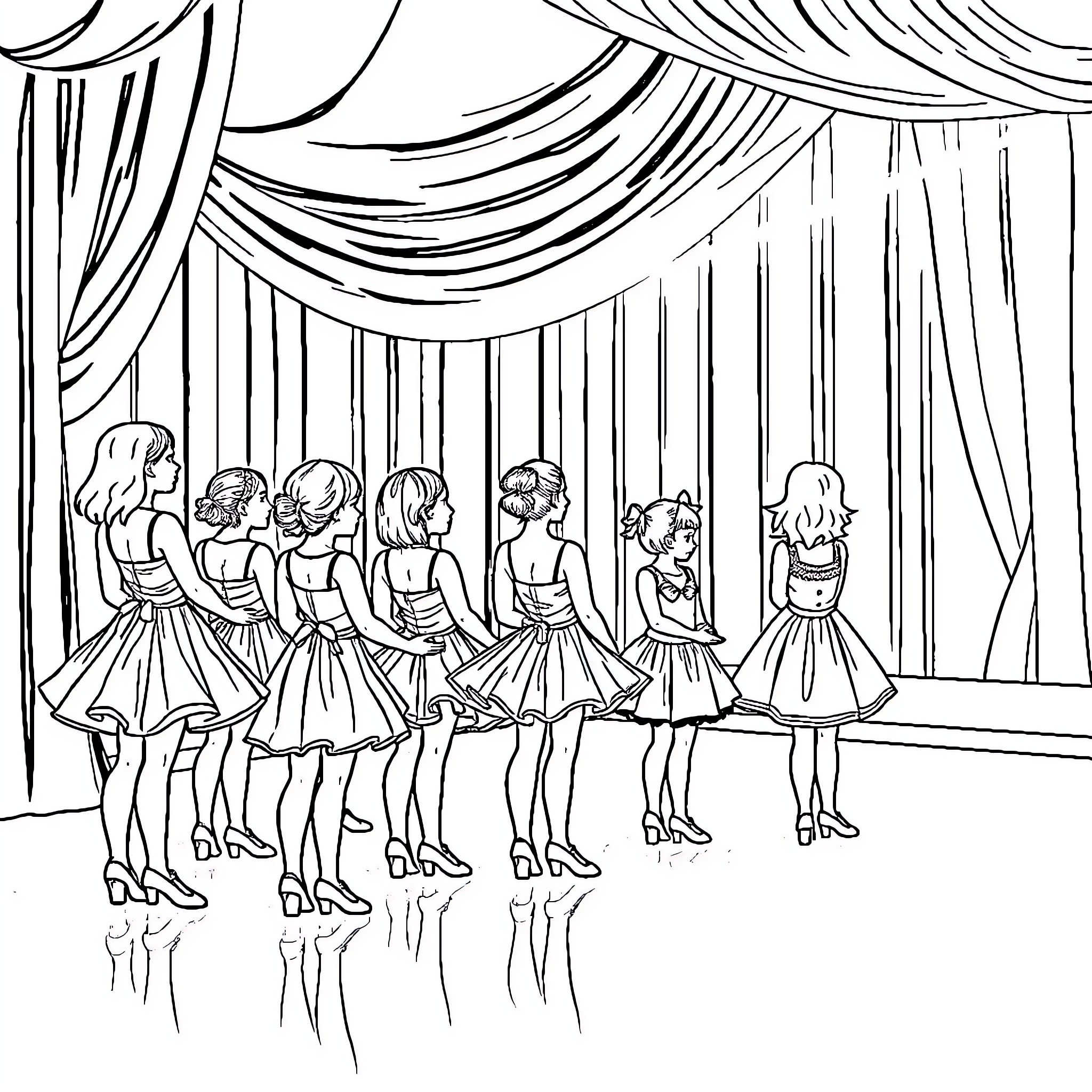 Dancer performing on stage with curtain backdrop Coloring Page (free black-and-white line drawing printable PDF for all, from beginners to advanced learners, including children, teens, adults, and seniors)