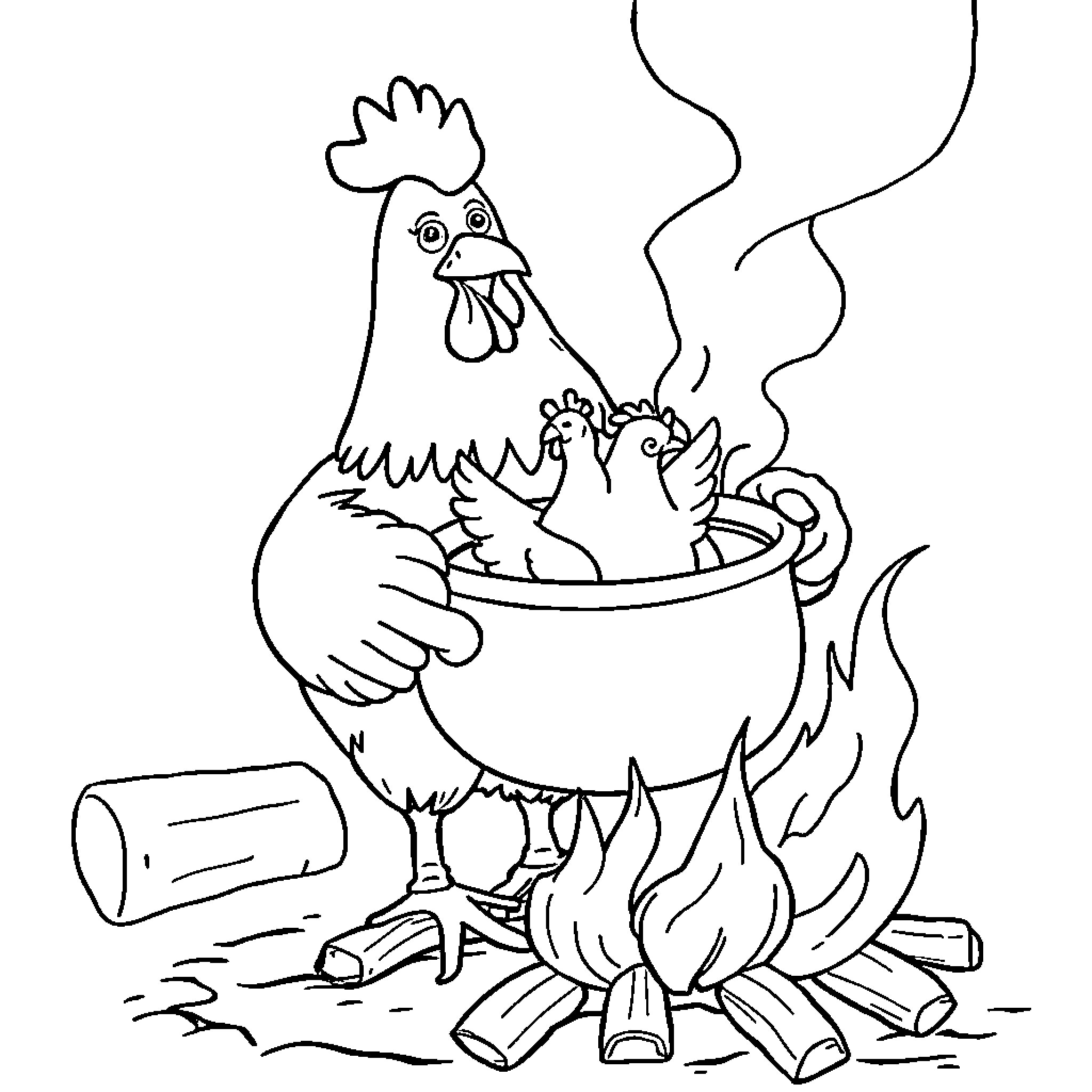 Chickens cooking on a campfire Coloring Page (free black-and-white line drawing printable PDF for all, from beginners to advanced learners, including children, teens, adults, and seniors)