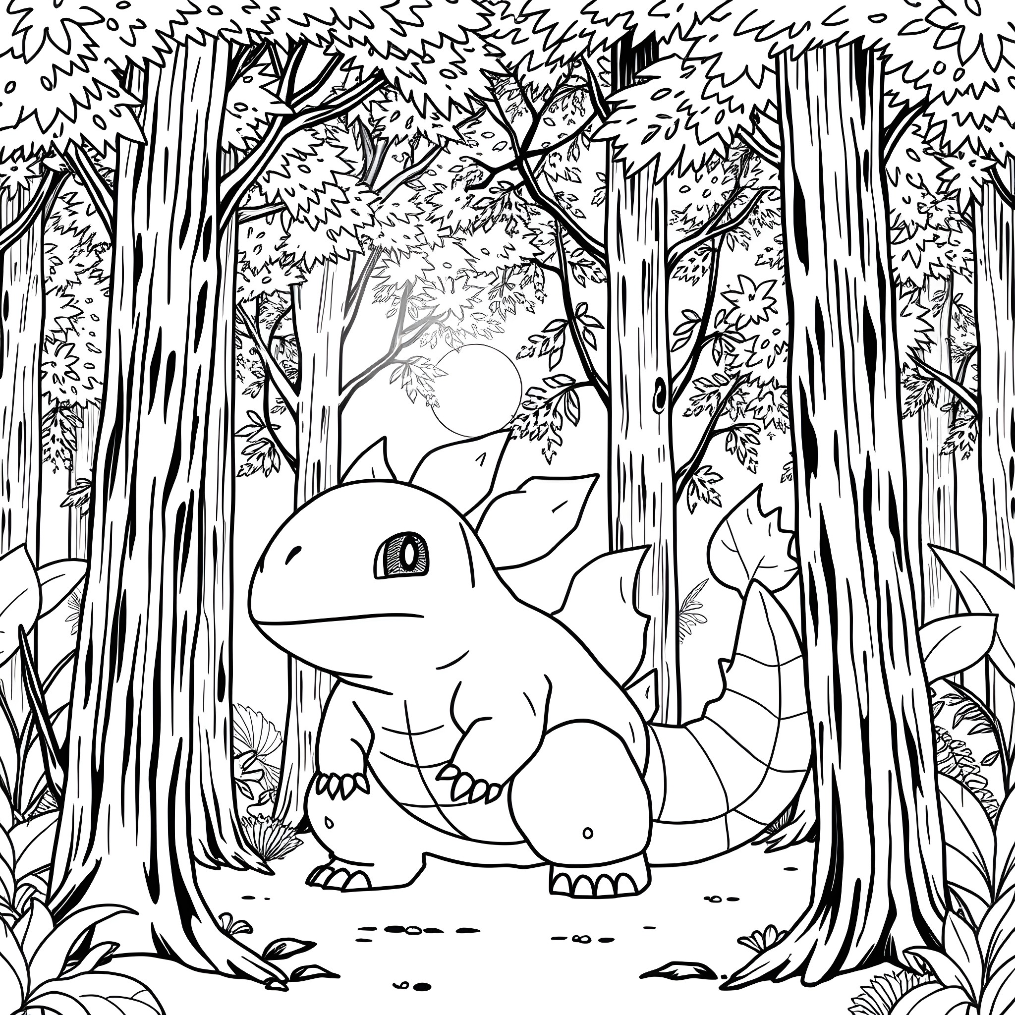Venusaur resting in the lush forest Coloring Page (free black-and-white line drawing printable PDF for all, from beginners to advanced learners, including children, teens, adults, and seniors)