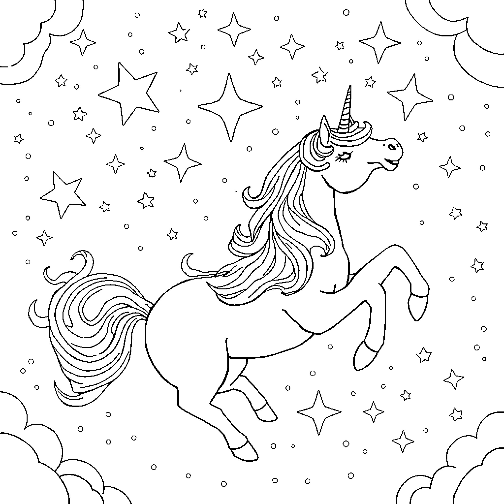 Unicorn galloping amidst twinkling stars and moons Coloring Page (free black-and-white line drawing printable PDF for all, from beginners to advanced learners, including children, teens, adults, and seniors)