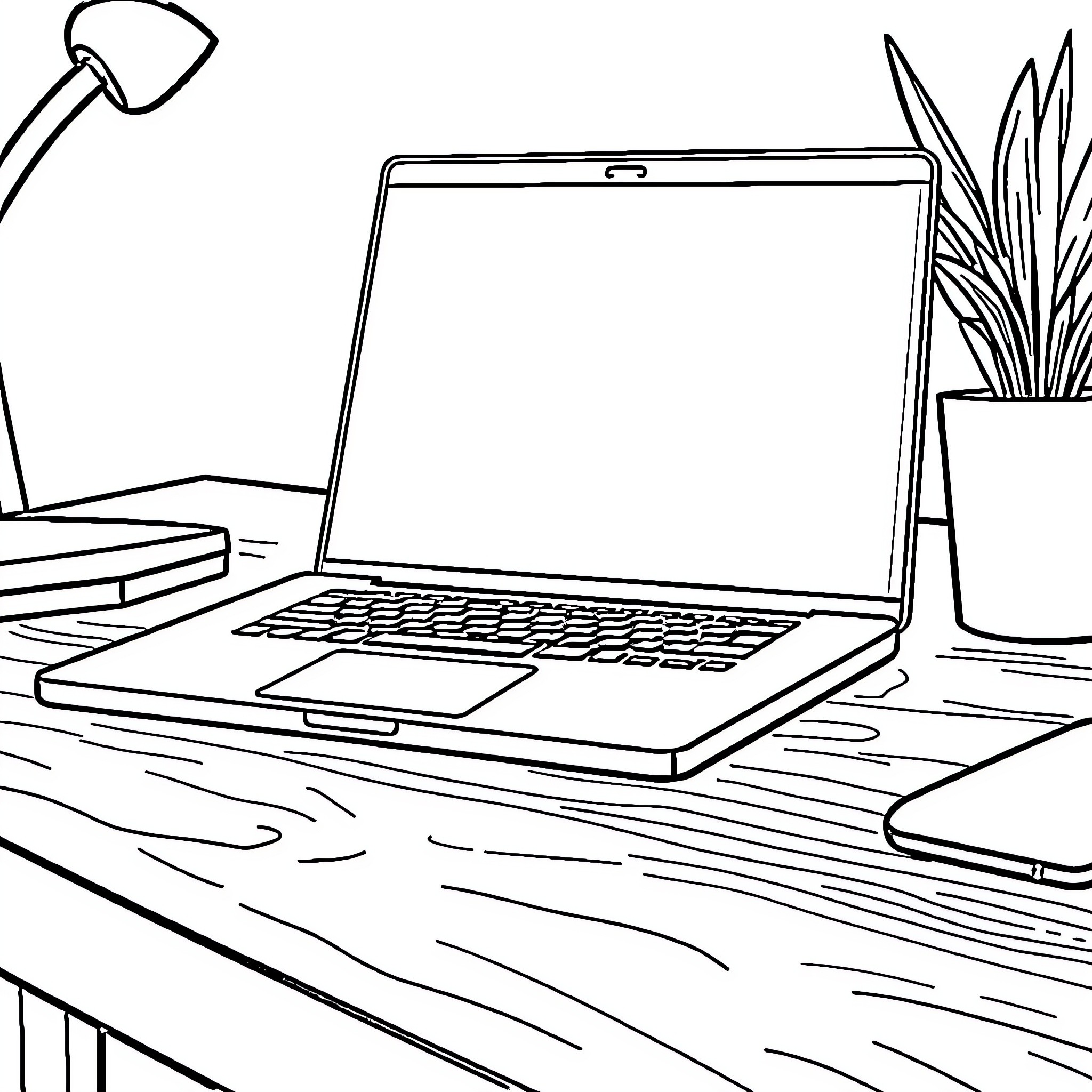 Laptop on desk with office supplies Coloring Page (free black-and-white line drawing printable PDF for all, from beginners to advanced learners, including children, teens, adults, and seniors)