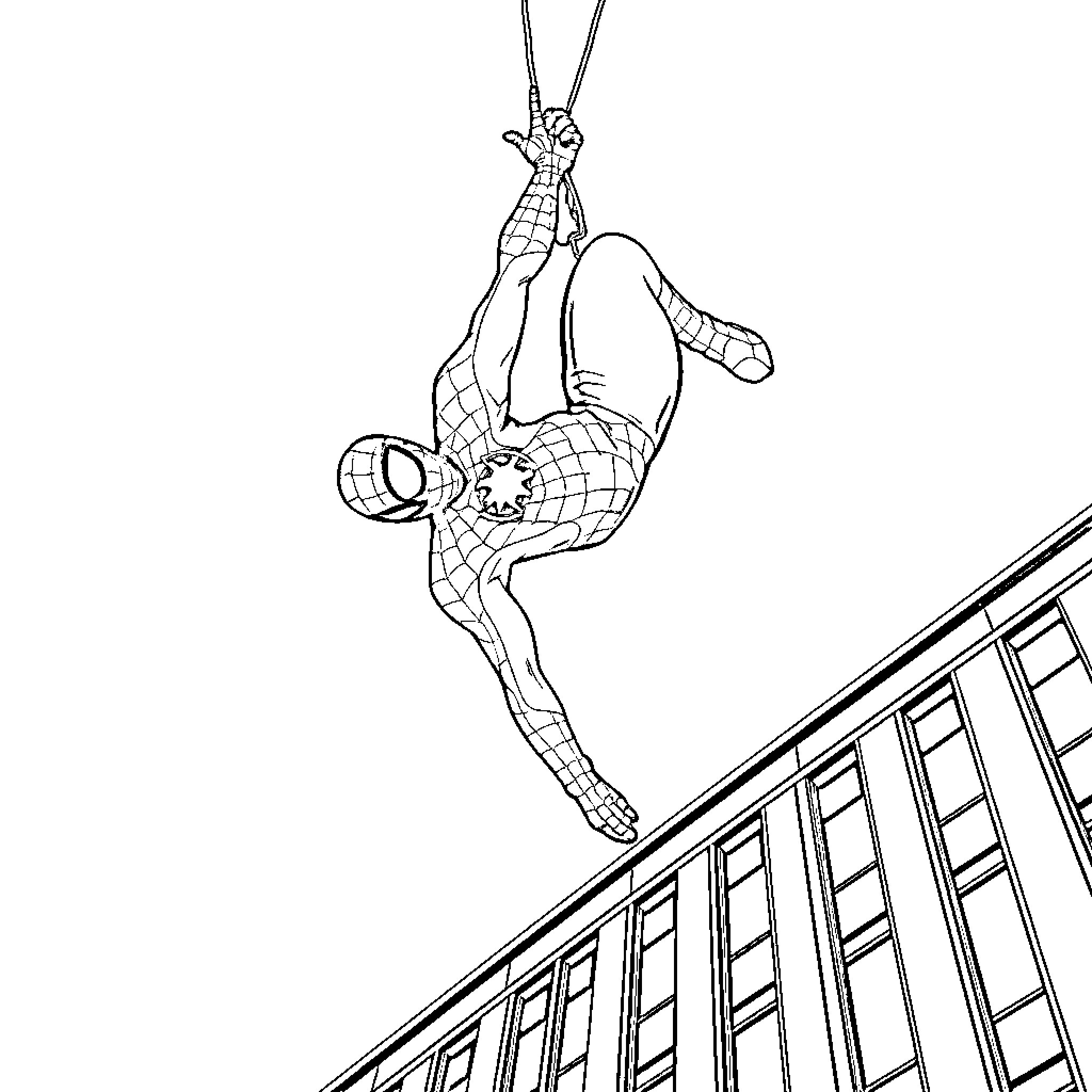 Spider-Man swinging through the city on a web Coloring Page (free black-and-white line drawing printable PDF for all, from beginners to advanced learners, including children, teens, adults, and seniors)